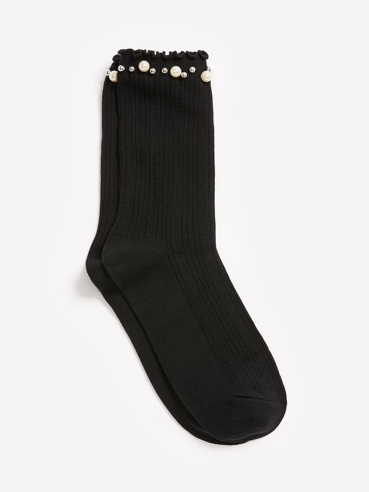 Textured Cotton Knit Crew Socks with Pearl and Rhinestone Lettuce Edge