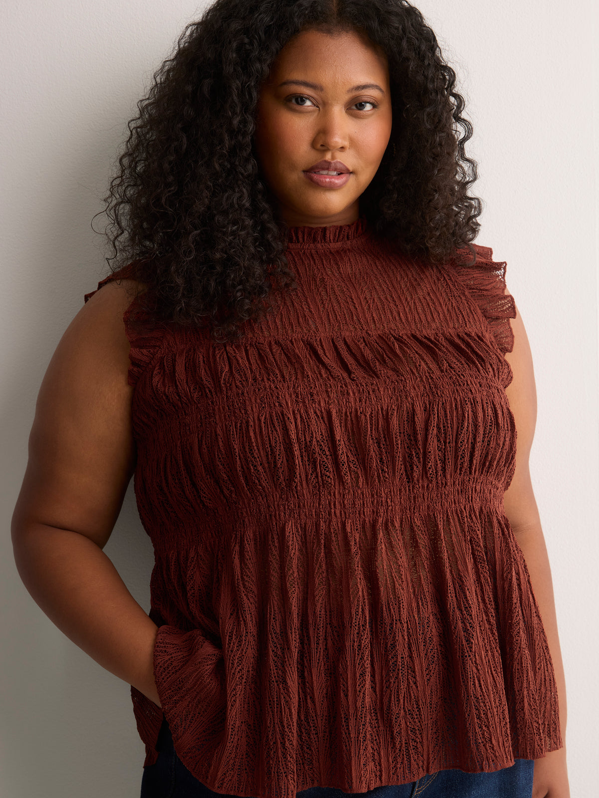 Smocked Lace Swing Top with Short Flutter Sleeves