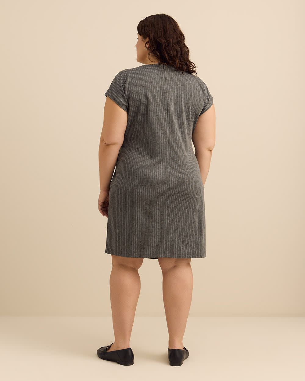 Grey Pinstripe Crewneck Dress with Side Knot
