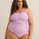 Haut tankini style bandeau à rayures violettes avec côtés froncés