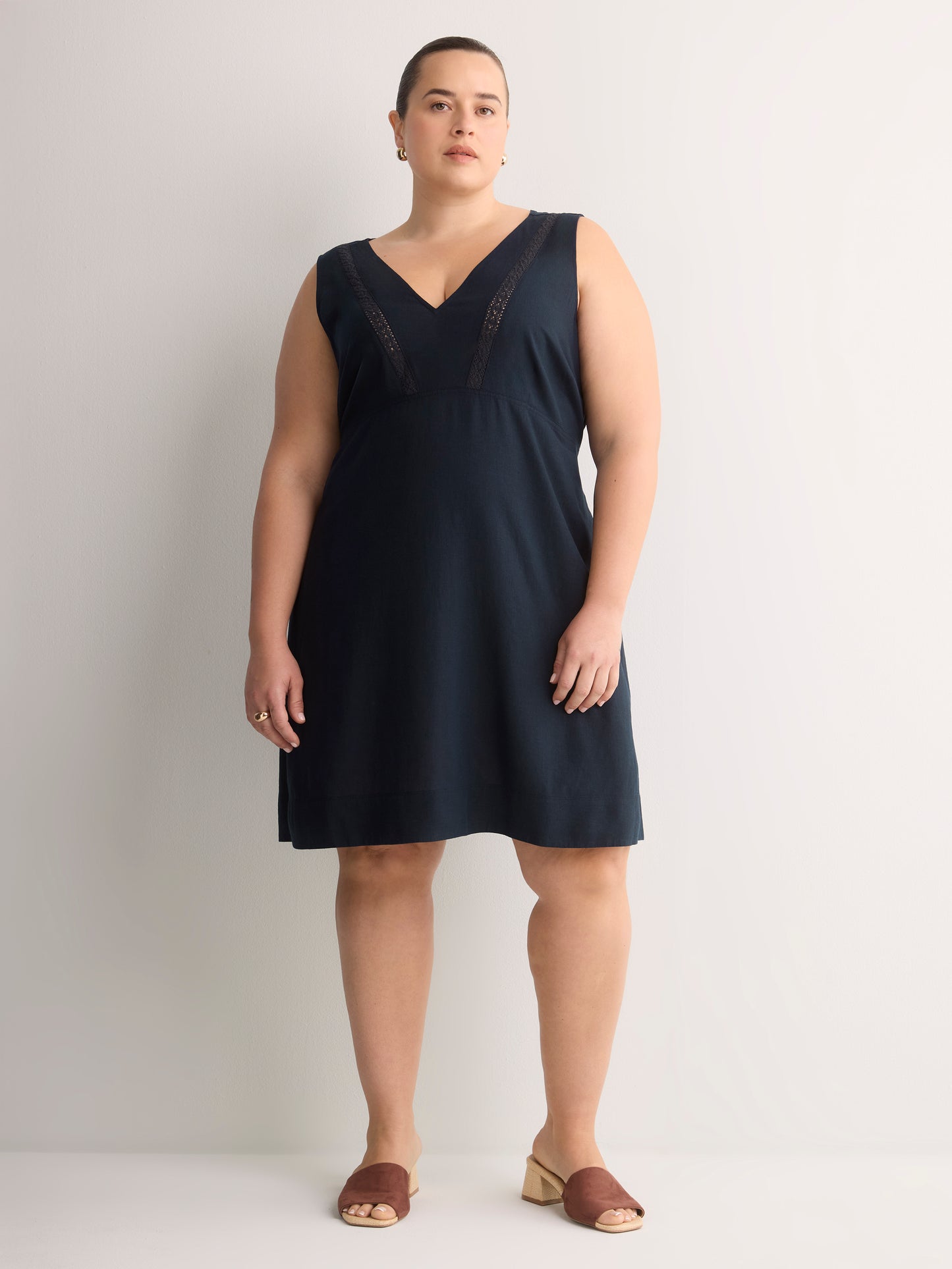 Linen Blend V-Neck Swing Dress with Crochet Tape