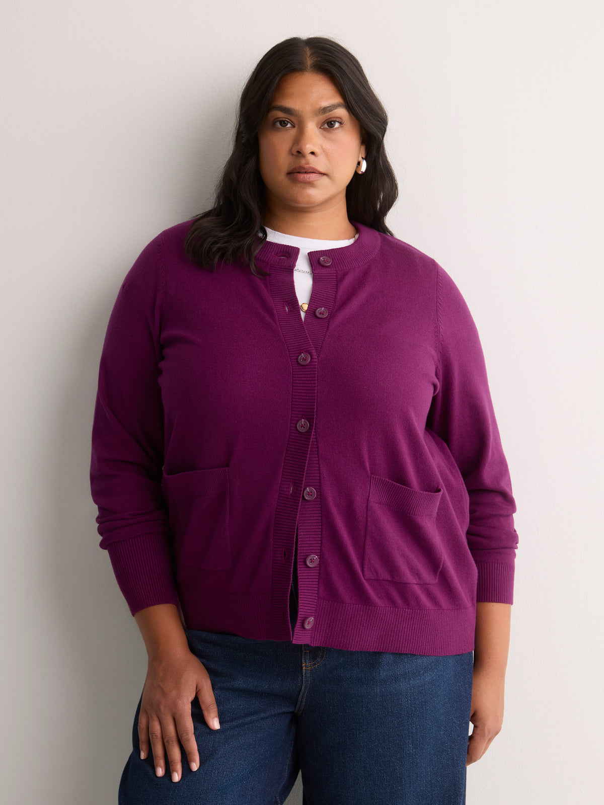 Dark Buttoned-Down Cotton Blend Crew Neck Cardigan