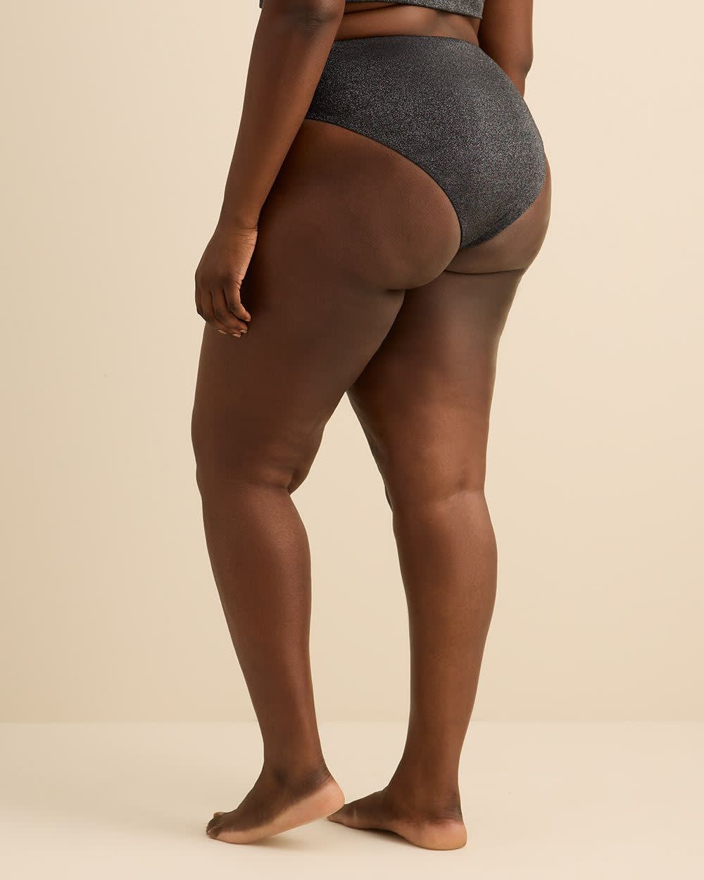 Culotte de bikini noire scintillante taille haute, coupe cheeky