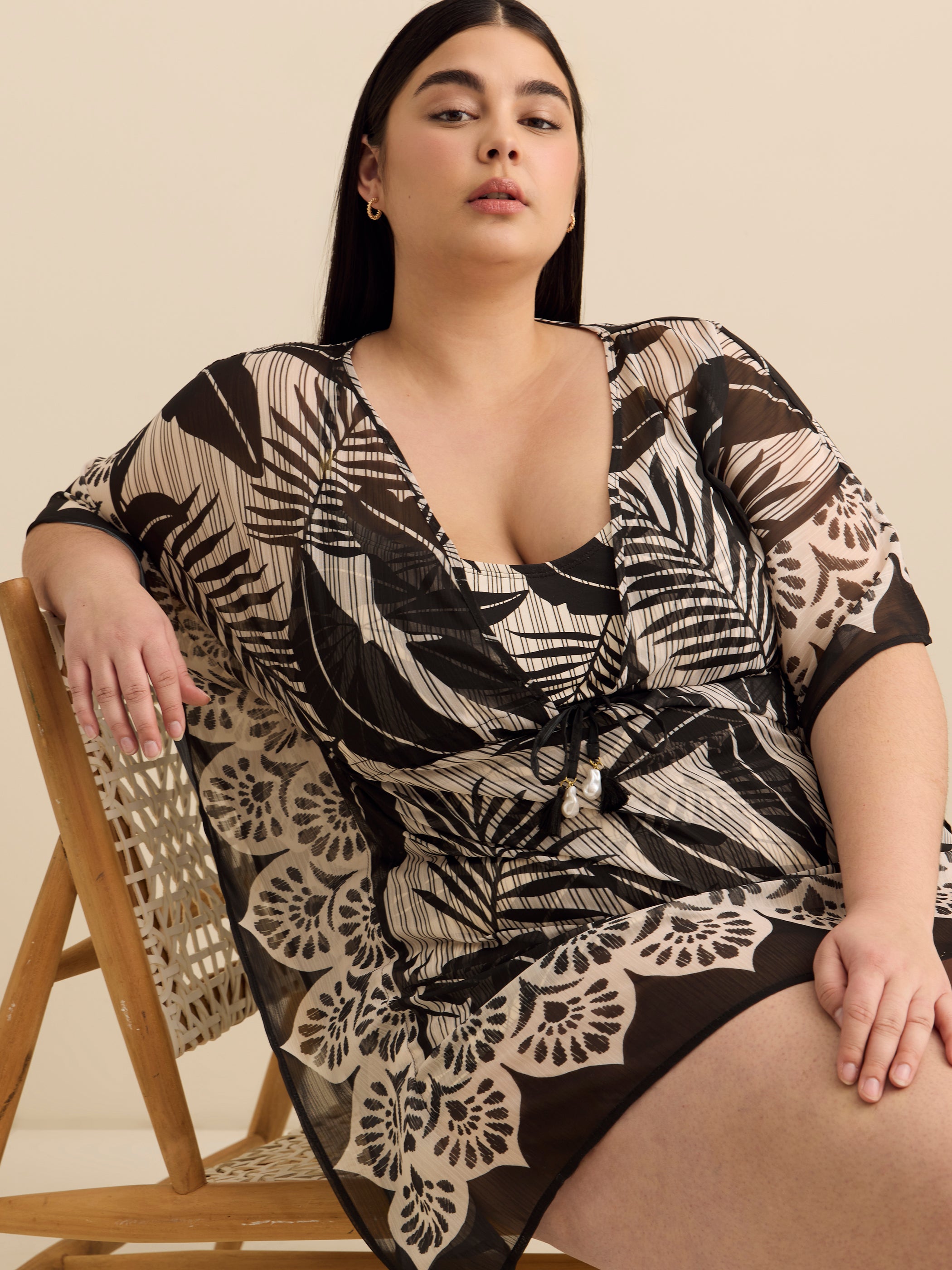 Caftan noir et blanc à motif de feuillage - Bleu Rod Beattie