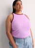 Fitted Halter-Neck Rib Knit Tank Top with Contrast Binding