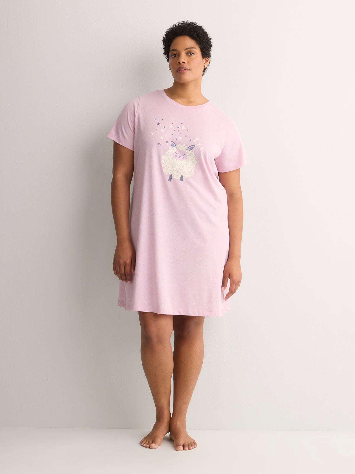 Pink Short Sleepshirt with Sheep Chest Print - tiVOGLIO