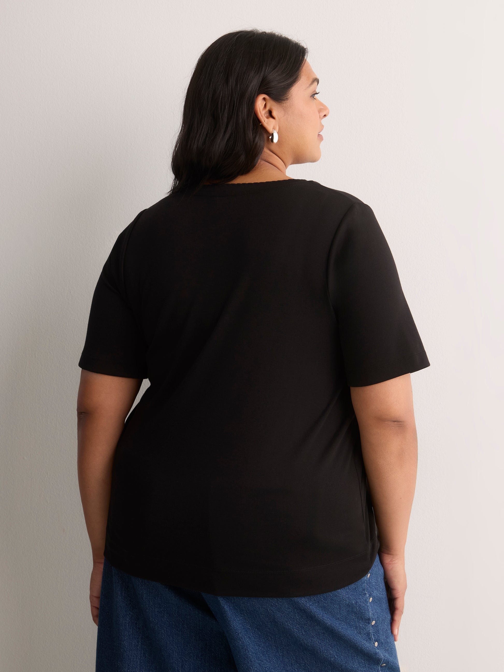 Straight Elbow-Sleeve Ribbed Knit Henley Top