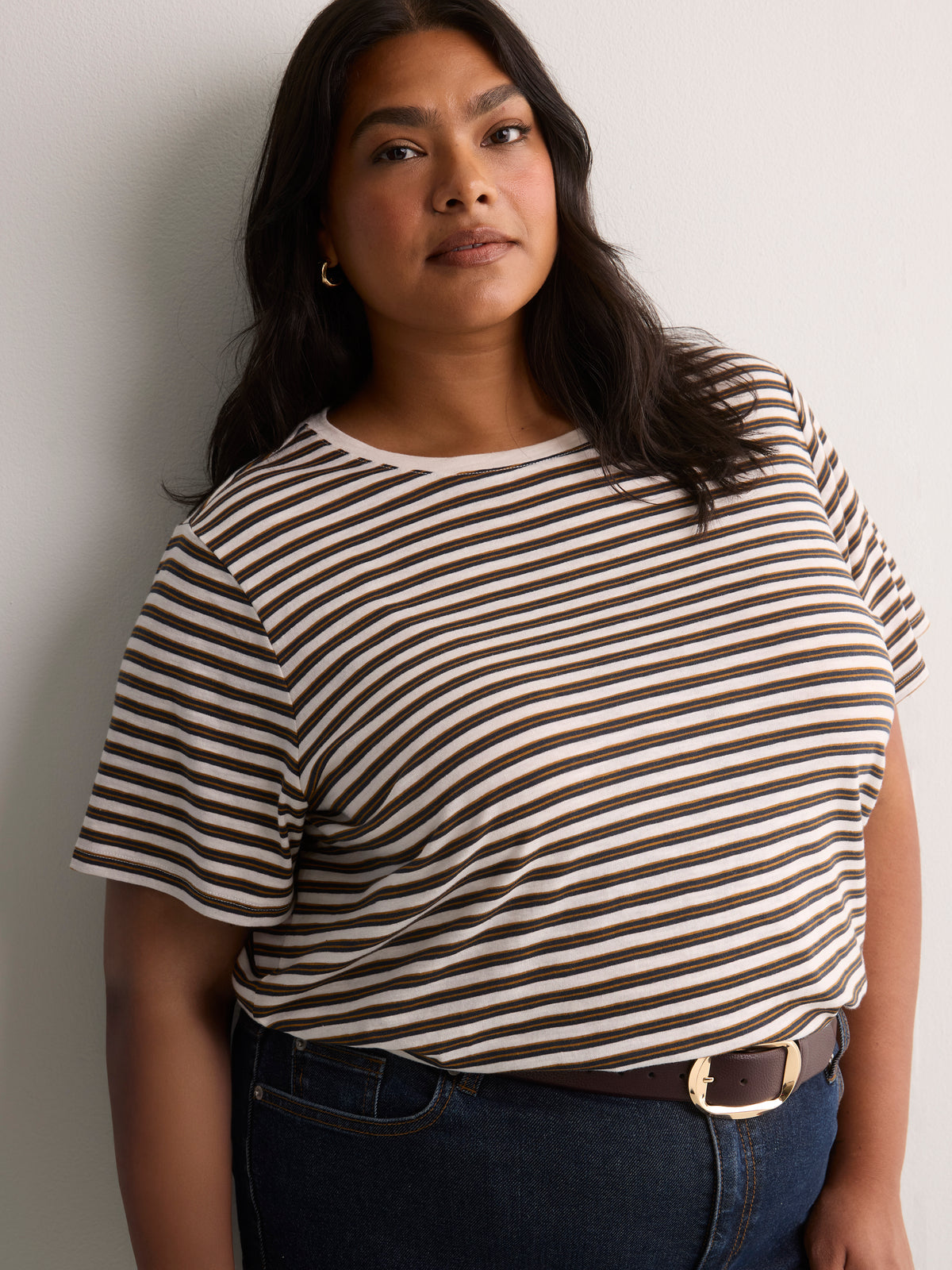 Curvy-Fit White Rugby Striped Short-Sleeve Crew-Neck Tee