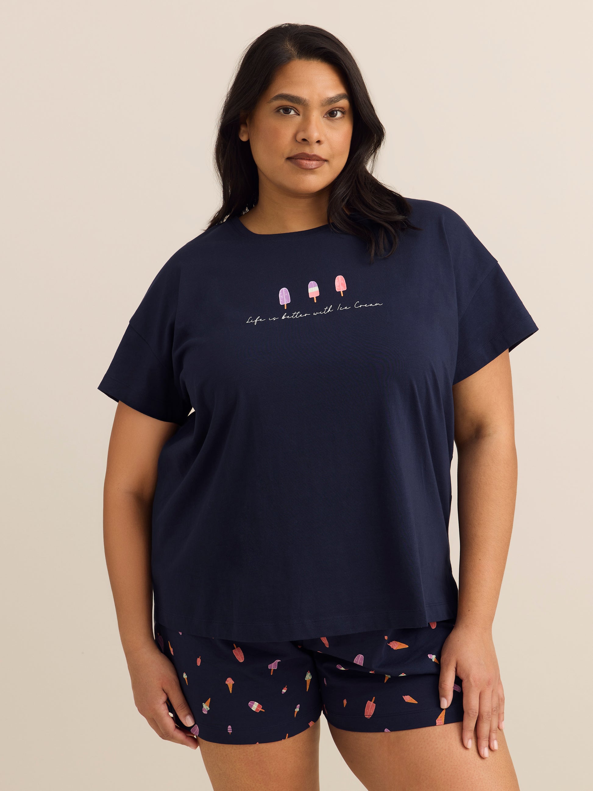 Navy Blue T-Shirt and Boxer Pyjama Set with Ice Cream Print - ti Voglio
