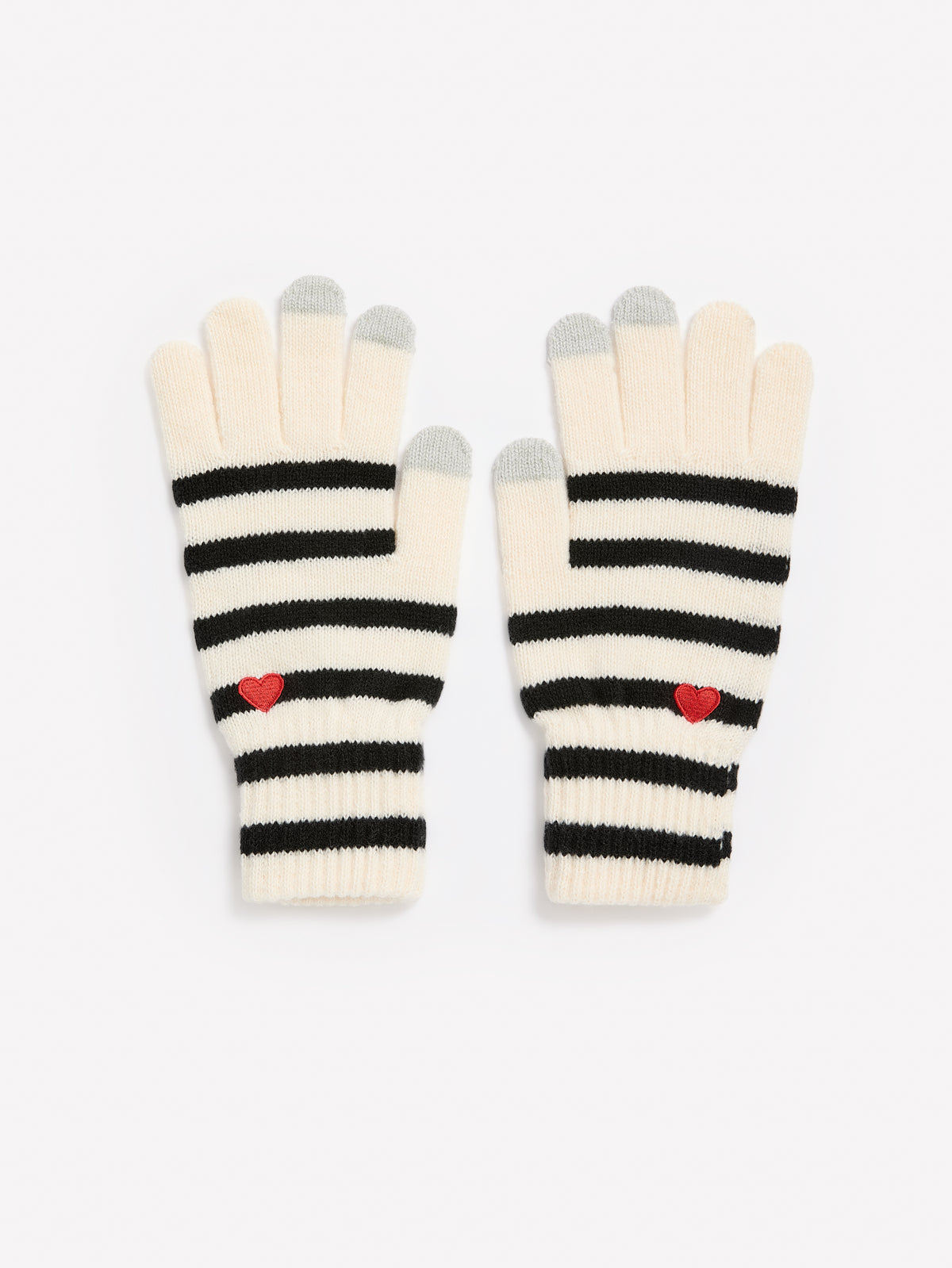 Striped Rib Knit Gloves with Embroidered Heart