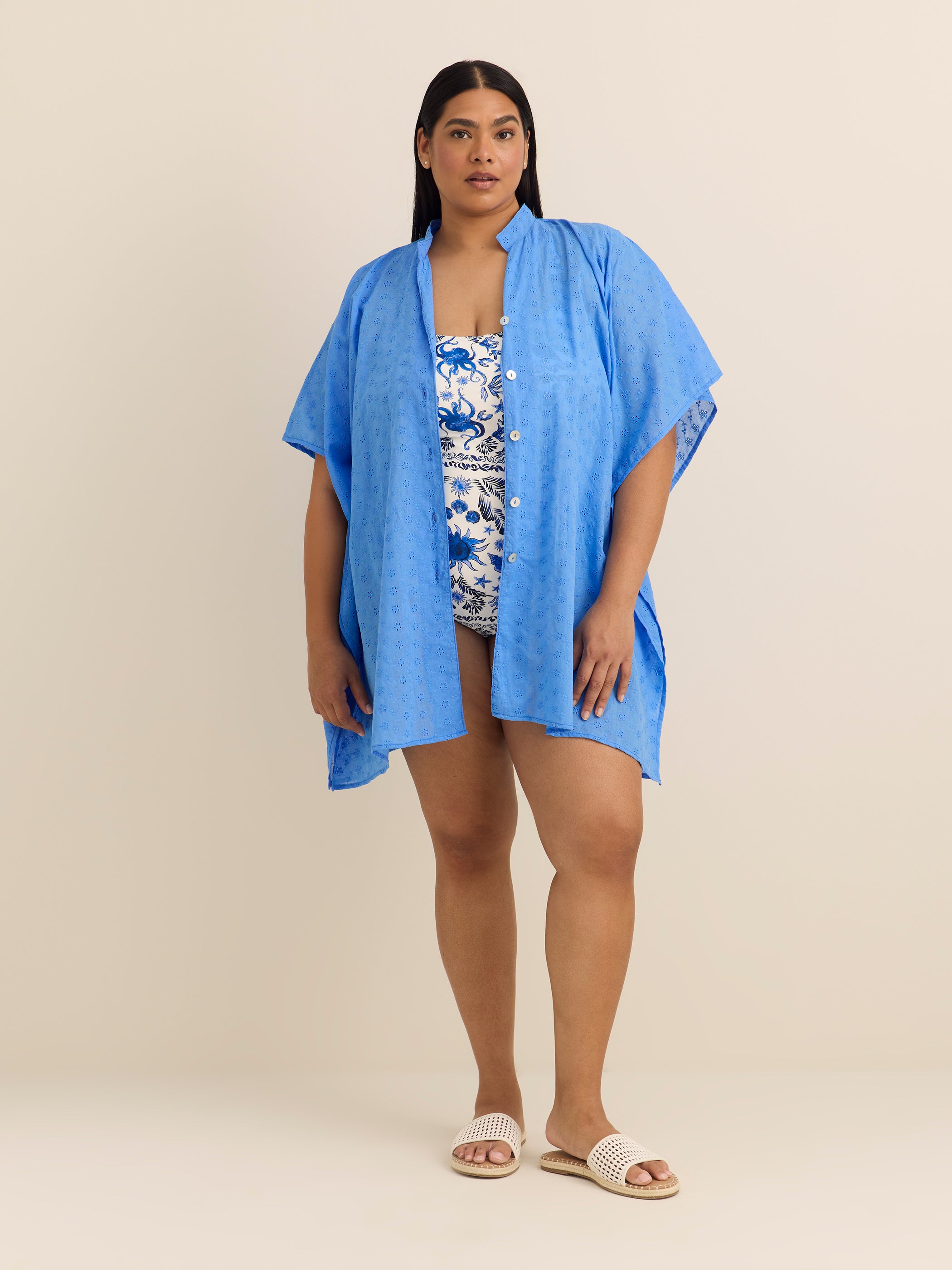 Short-Sleeve Buttoned-Down Eyelet Cover-Up Dress - Cover Me