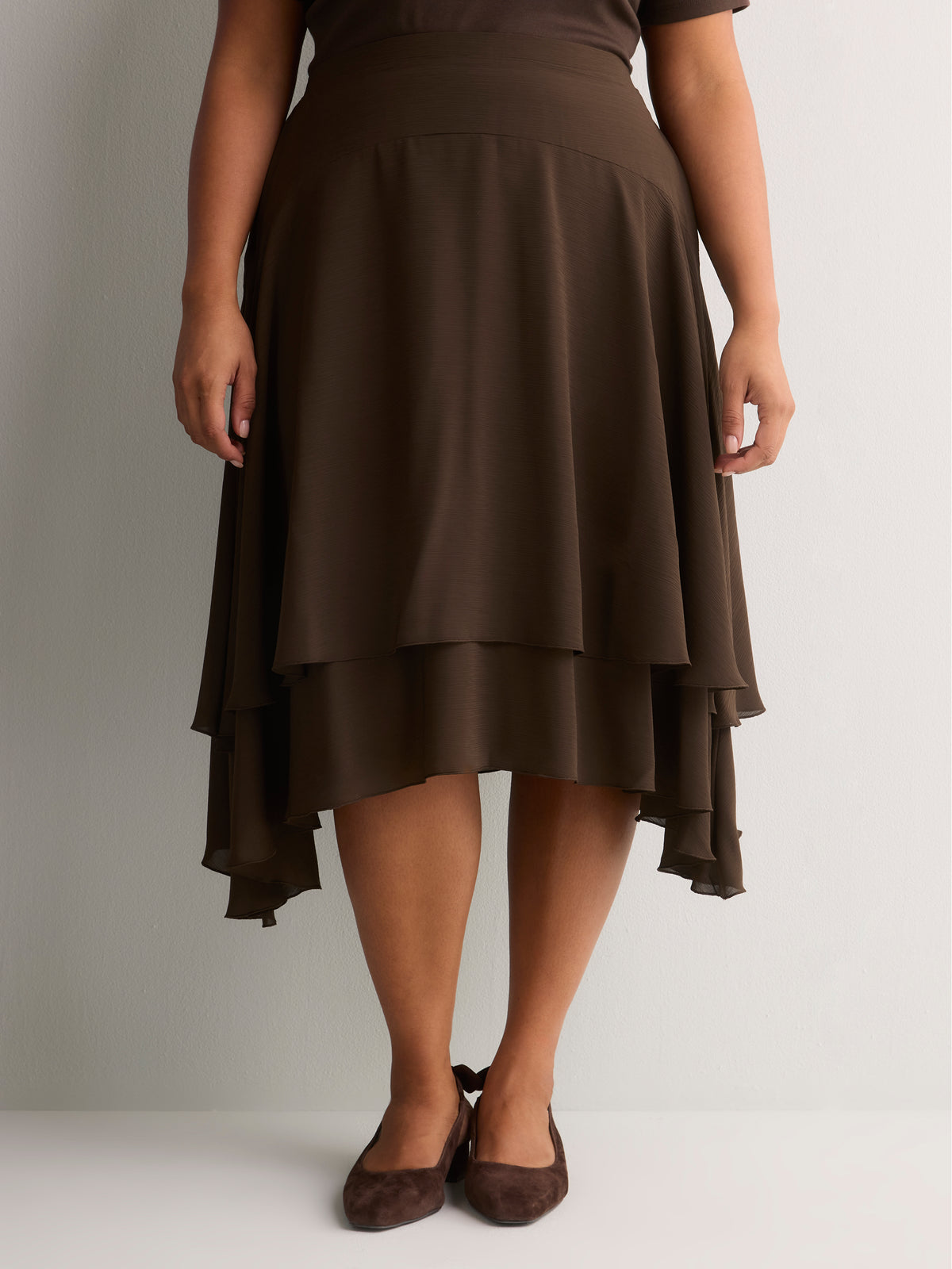 Romantic Brown Chiffon Pull-On Midi Skirt