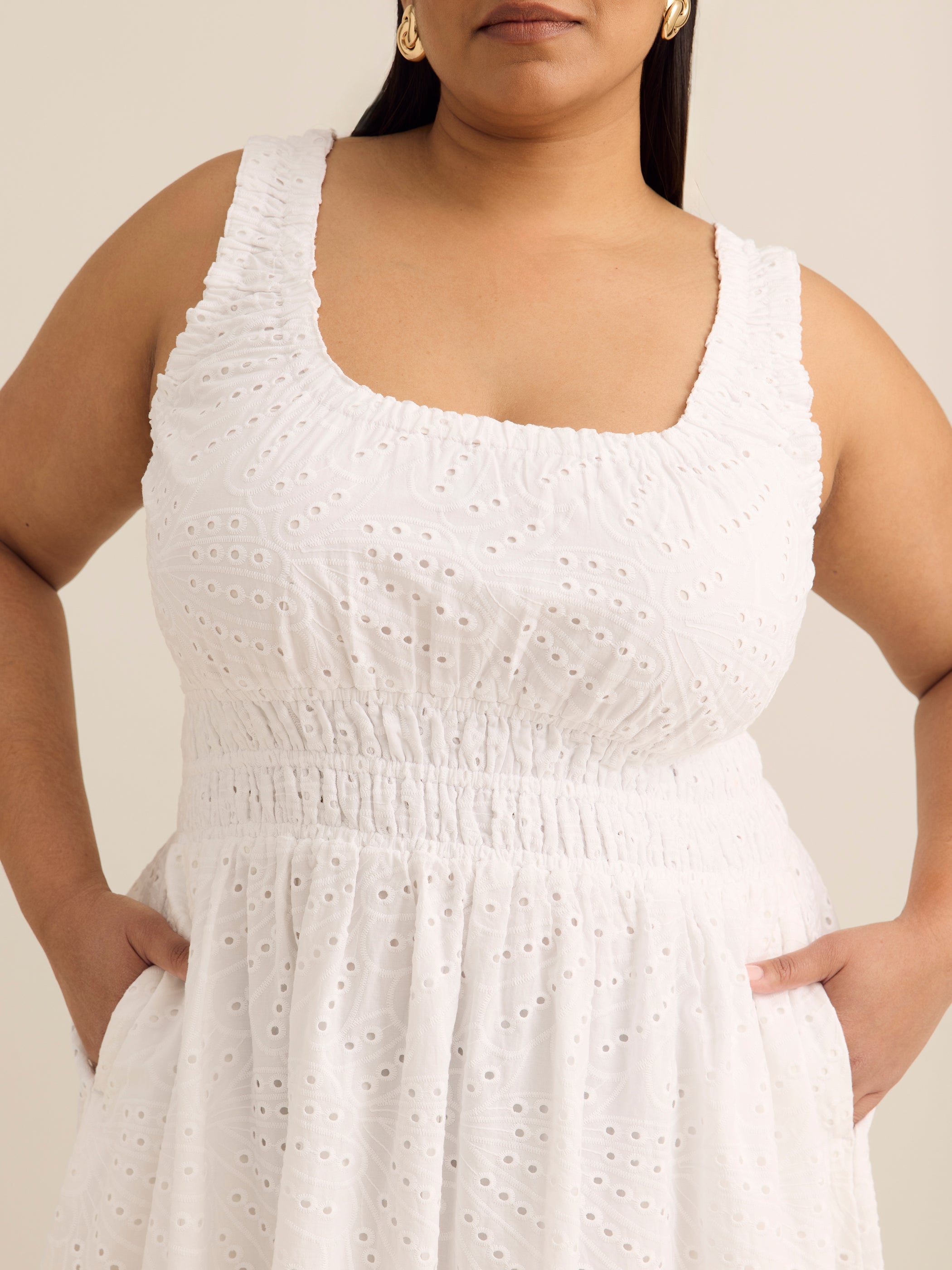 White Eyelet Lace Sleeveless Midi Dress with Elastic Waist