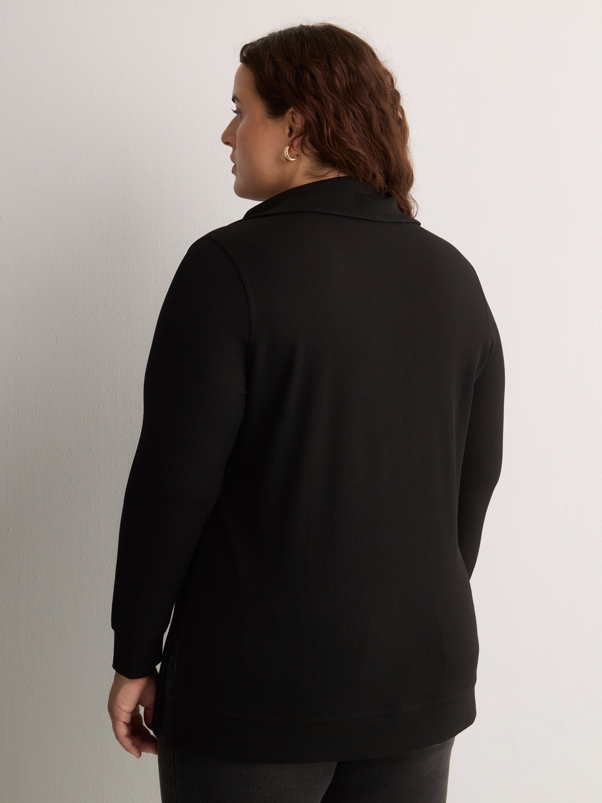 Loose Waffle Knit Tunic with Buttoned Collar