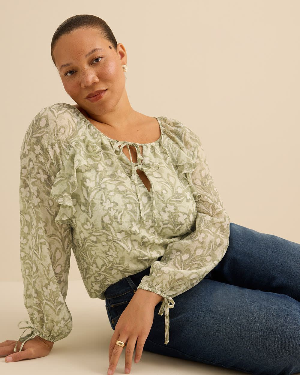 Floral Ruffle Blouse with Front Tie - Addition Elle