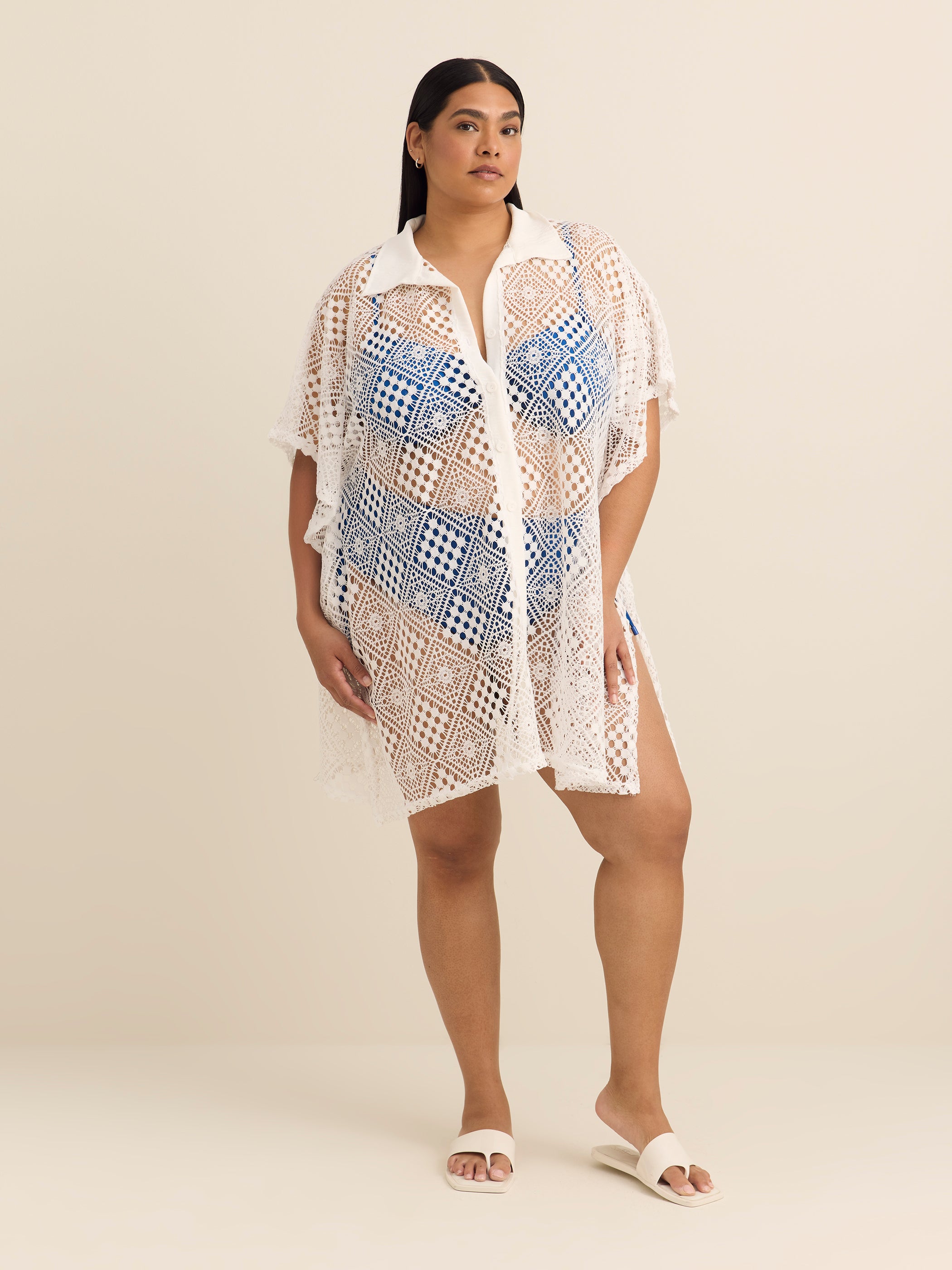 White Crochet Knit V-Neck Cover-Up Dress - Cover Me