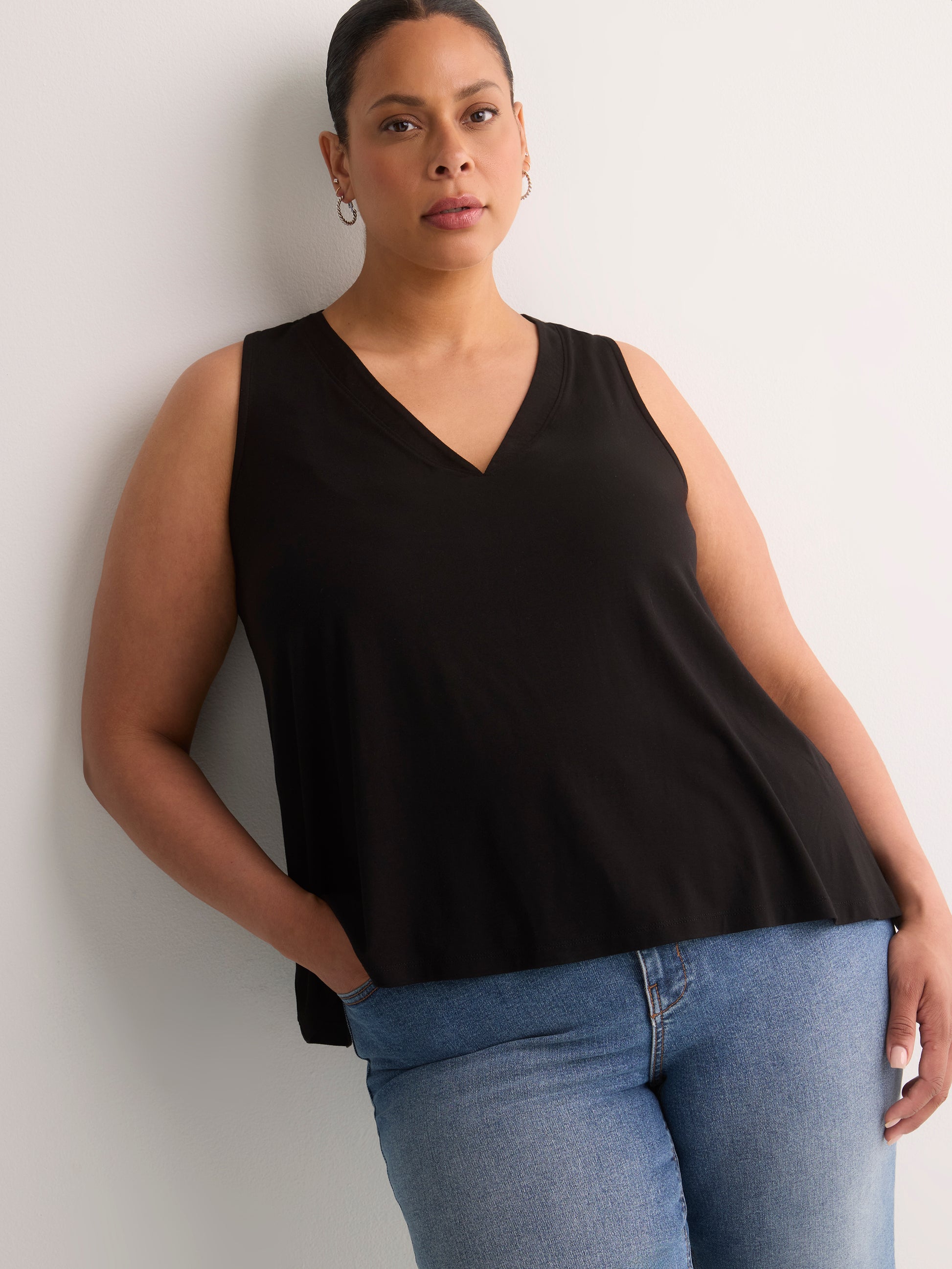 Responsible, Black Sleeveless V-Neck Swing Top