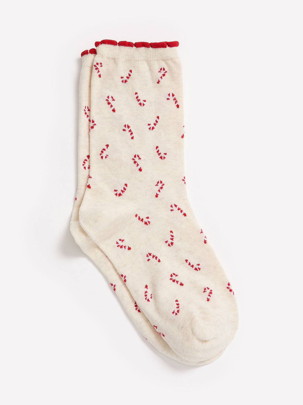 Beige Scalloped-Edge Cotton Knit Crew Socks with Candy Cane Print
