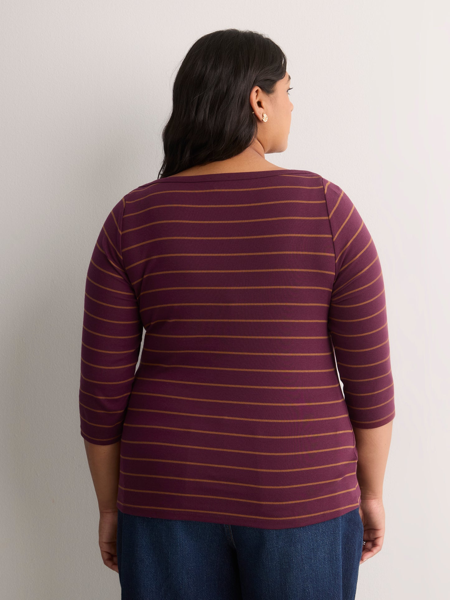Fitted 3/4-Sleeve Boat-Neck Striped Rib Baby Tee