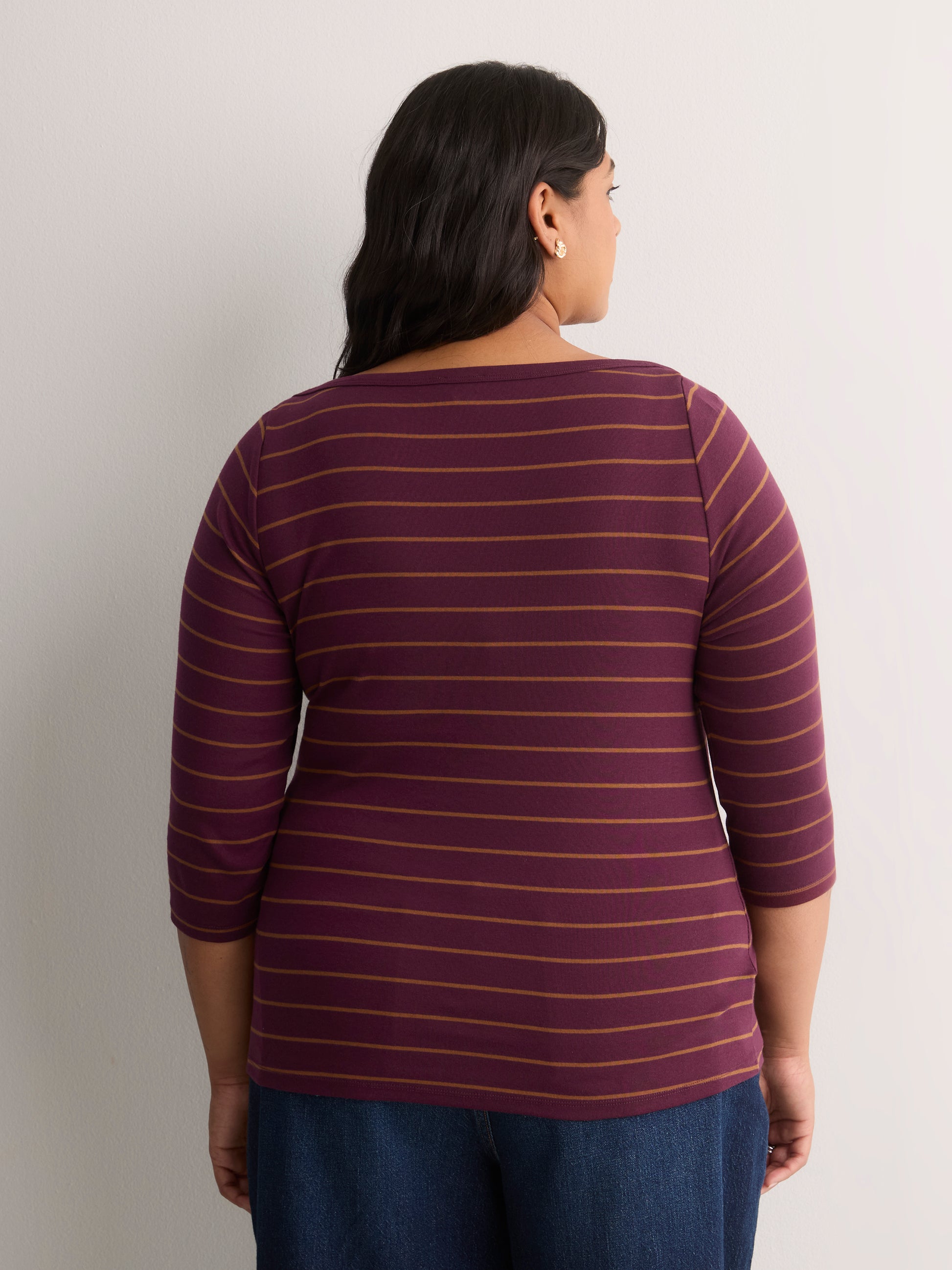 Fitted 3/4-Sleeve Boat-Neck Striped Rib Baby Tee