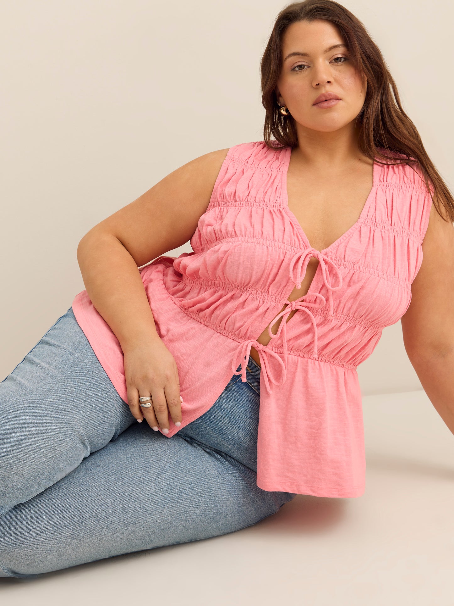 Flared Sleeveless V-Neck Tie-Front Smocked Blouse - Addition Elle