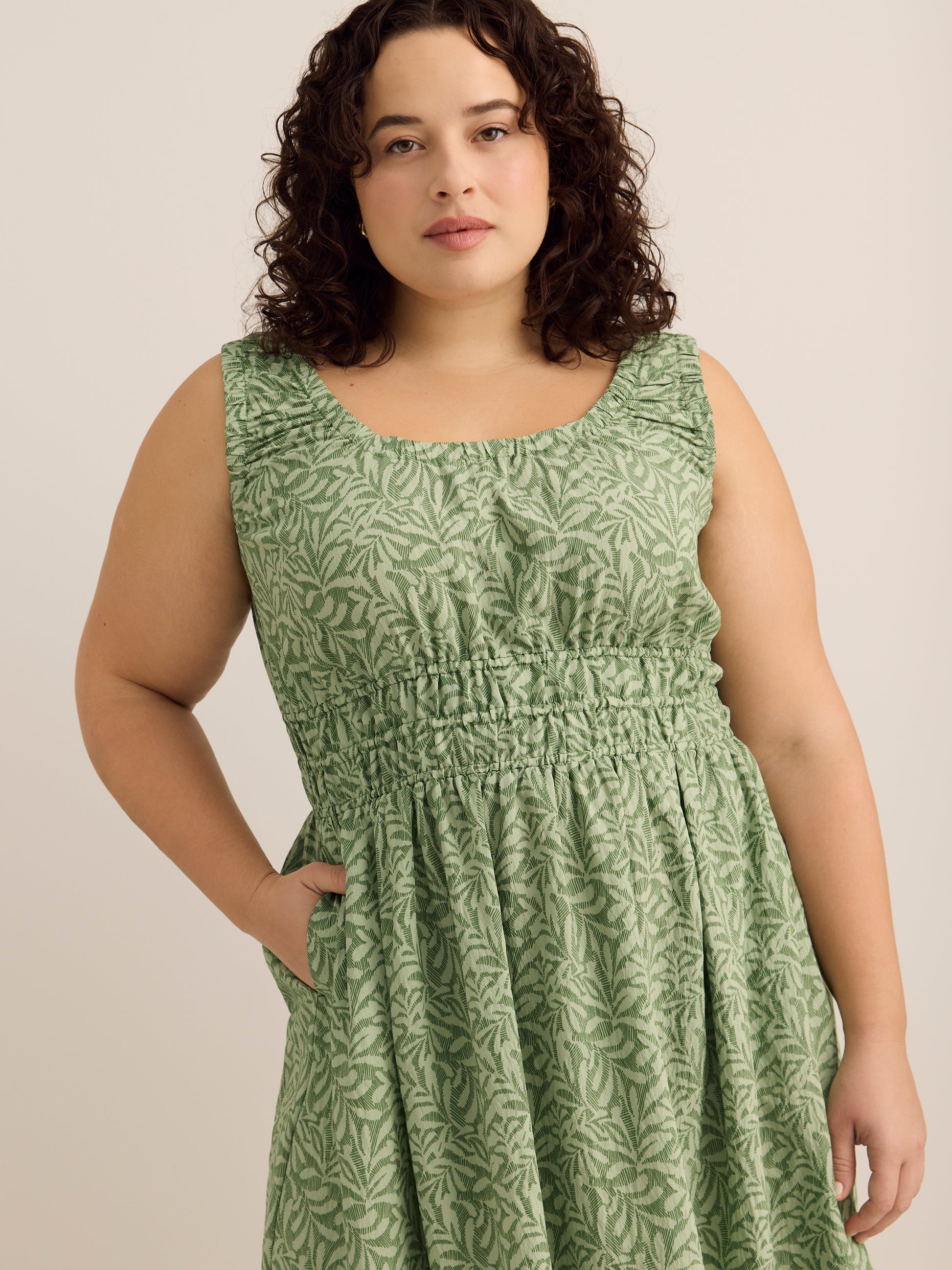 Green Printed Sleeveless Midi Dress with Elastic Waist