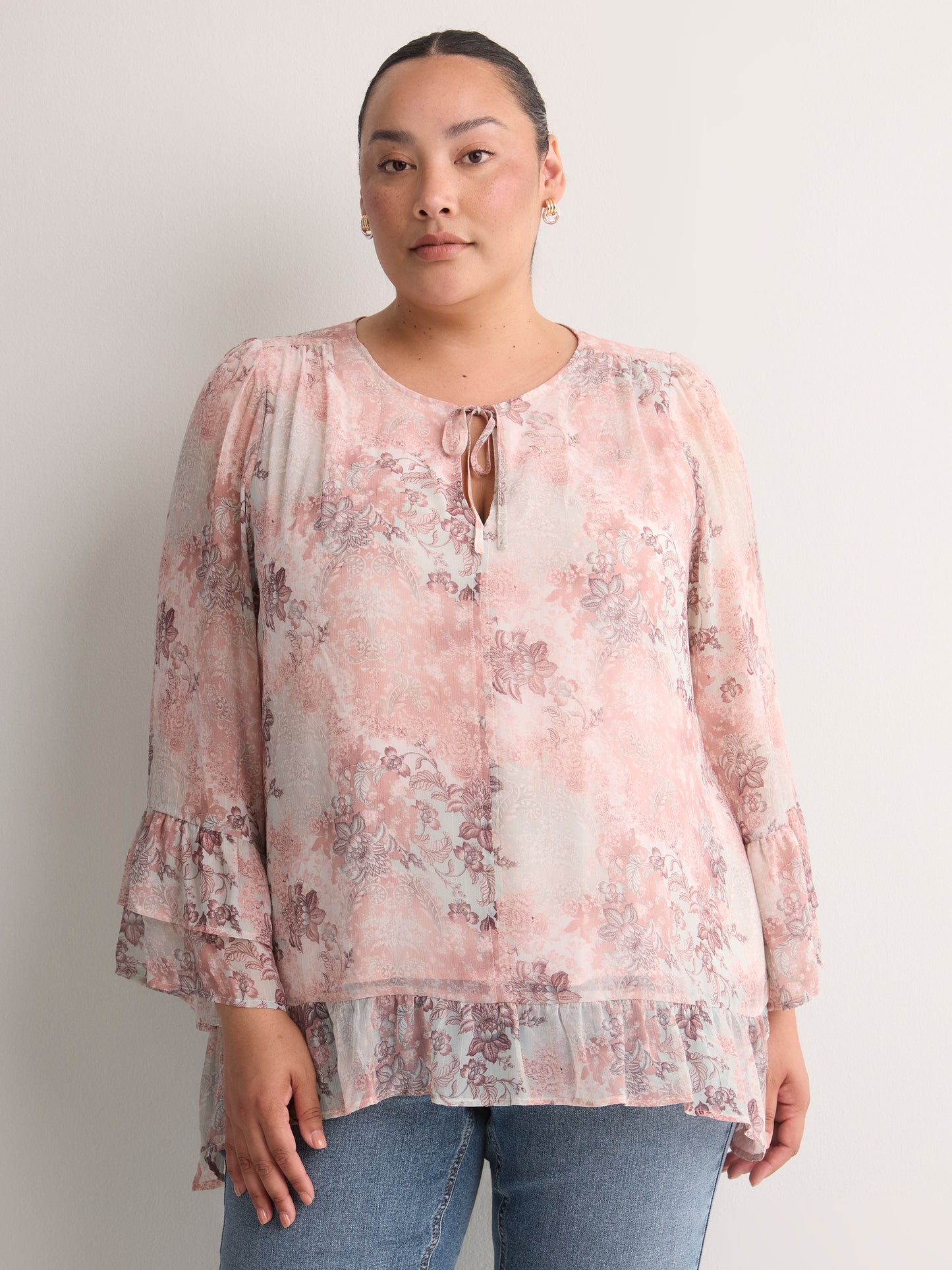 Split-Neck Long Flounce Sleeve Asymmetrical Blouse