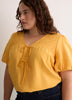 V-Neck Bubble-Sleeve Blouse with Smocked Yoke