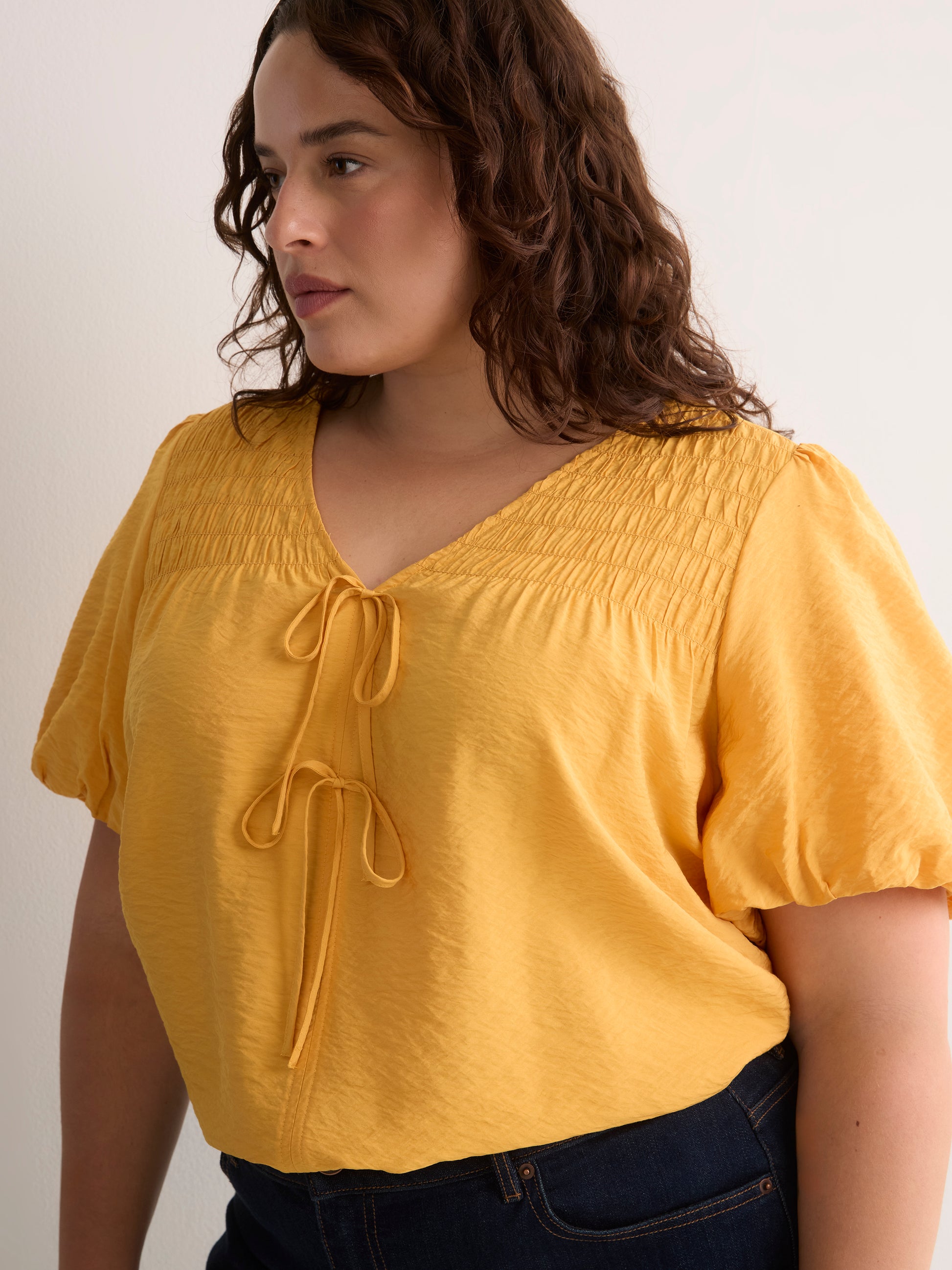 V-Neck Bubble-Sleeve Blouse with Smocked Yoke