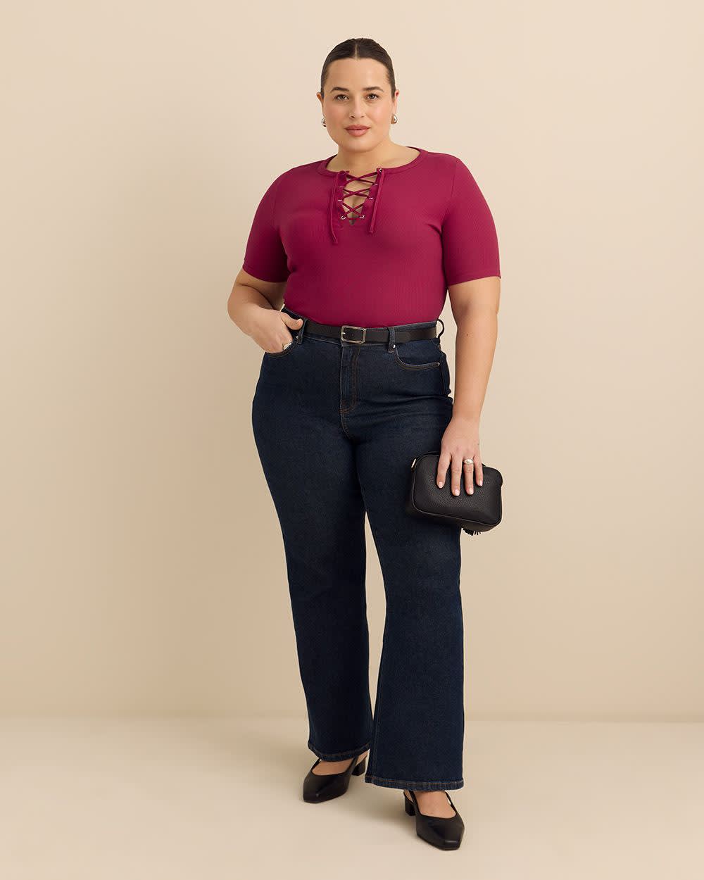 Elbow-Sleeve Top with Lace-Up Front Neckline