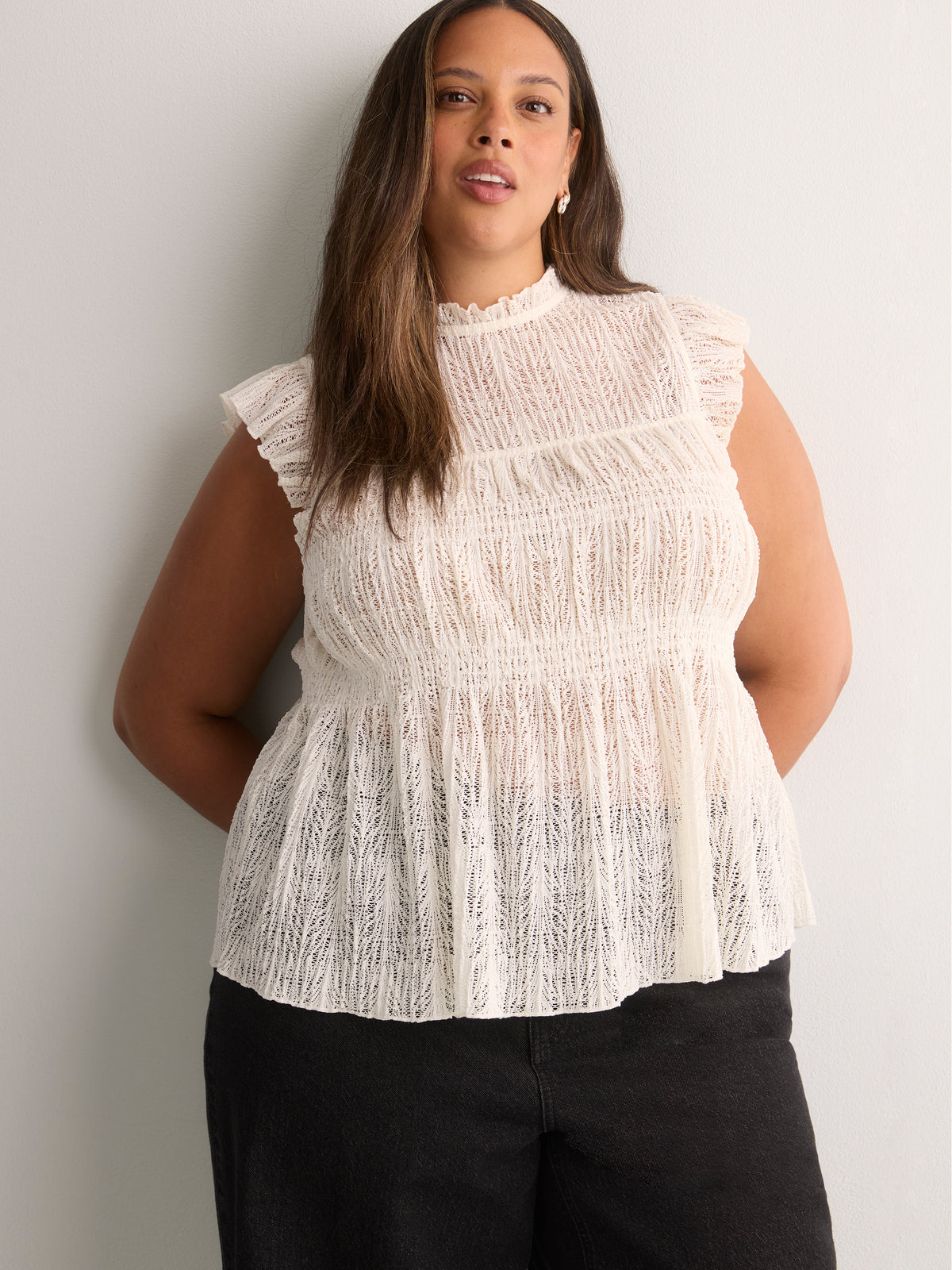Smocked Lace Swing Top with Short Flutter Sleeves
