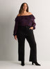 Purple Printed Buttoned-Down Swing Blouse with Open Ruffled Neckline
