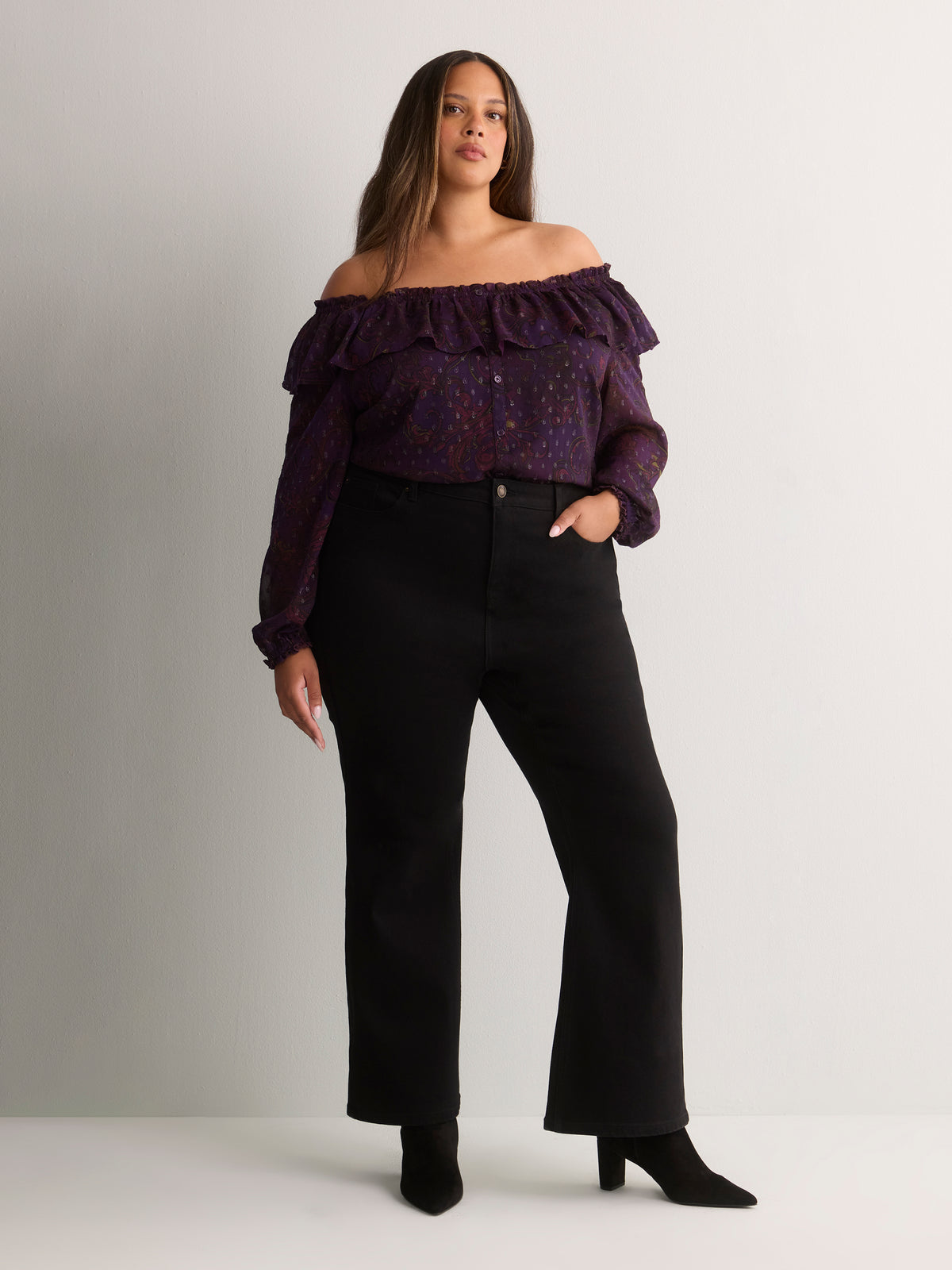 Purple Printed Buttoned-Down Swing Blouse with Open Ruffled Neckline