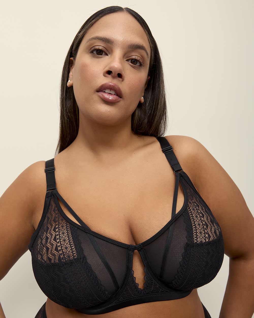 Black Underwire Balconnette Bra with Lace, Mesh and Satin - Déesse Collection