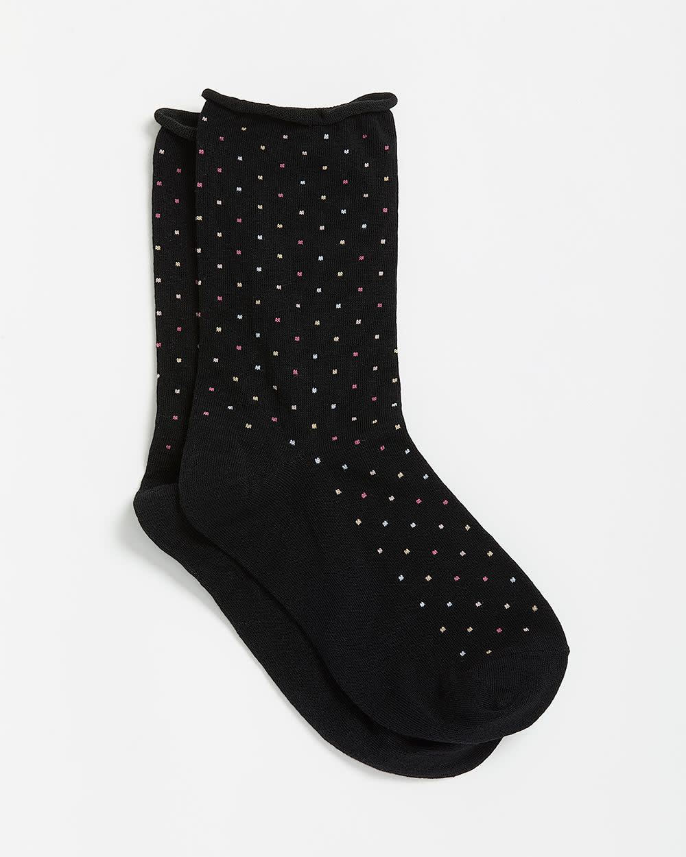 Black Rolled Edge Crew Sock with Dotted Print