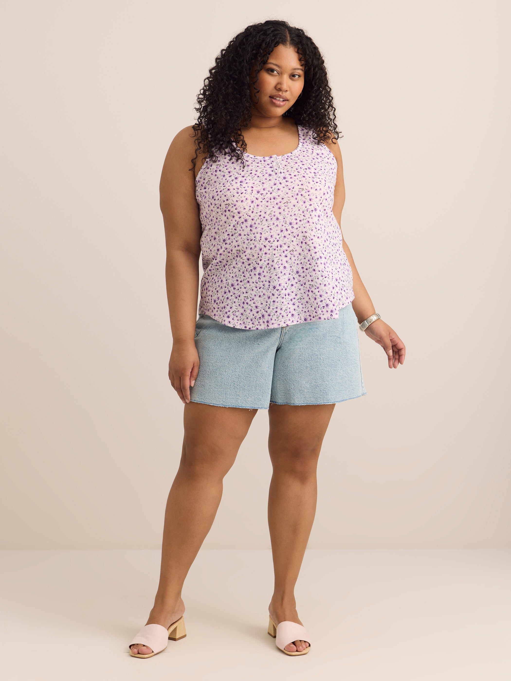 Straight Floral-Print Henley Tank Top