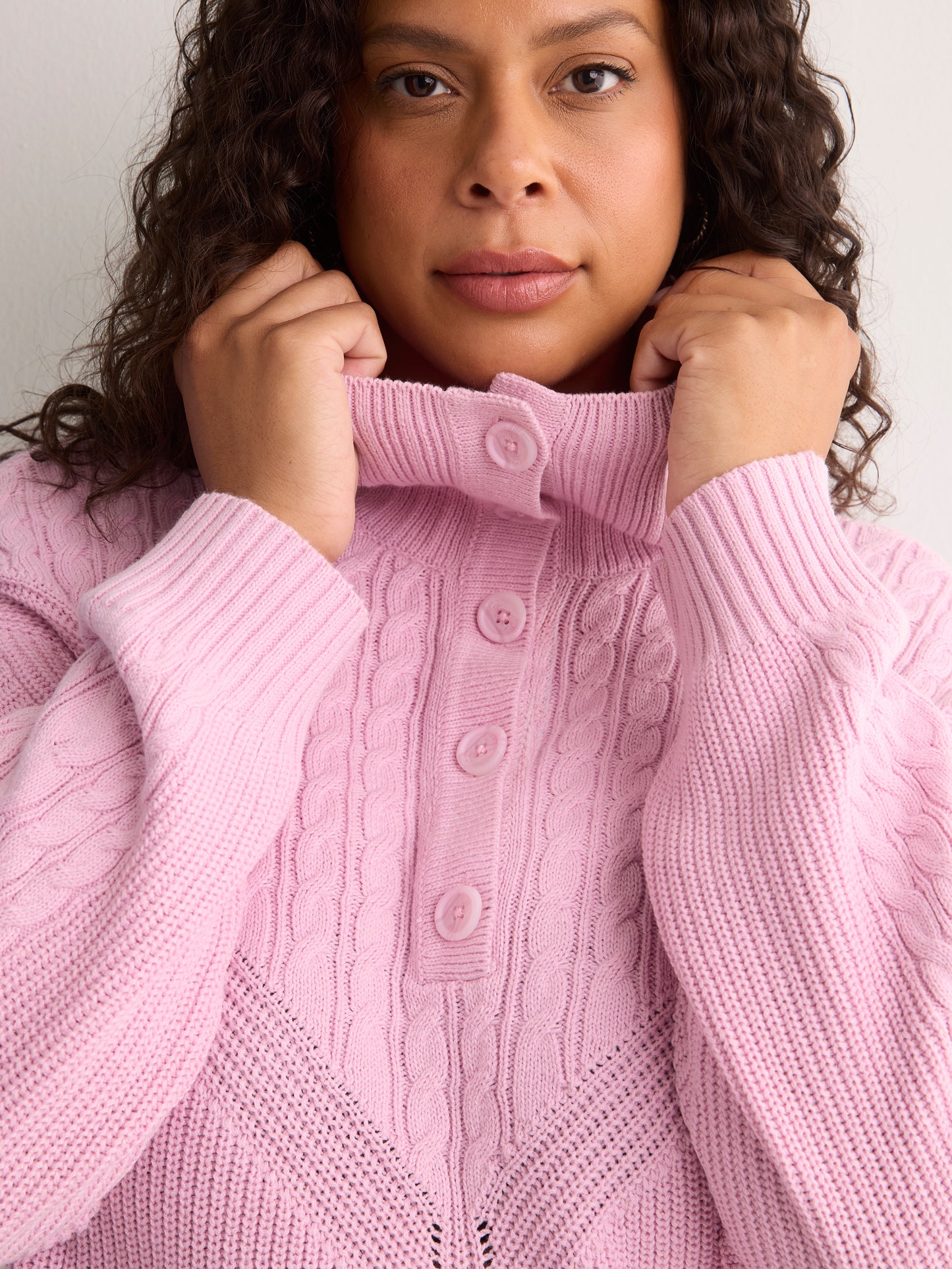 Loose Half-Placket Cable Knit Sweater
