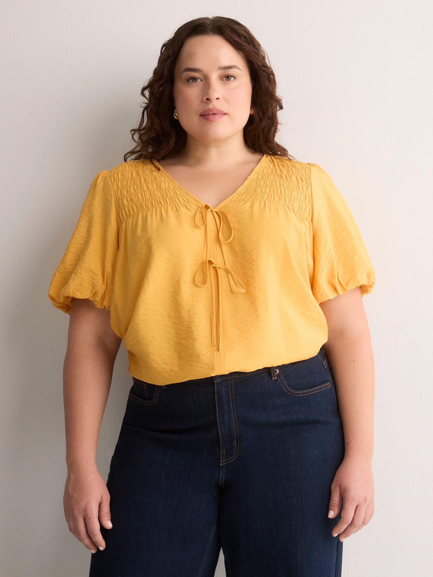 V-Neck Bubble-Sleeve Blouse with Smocked Yoke
