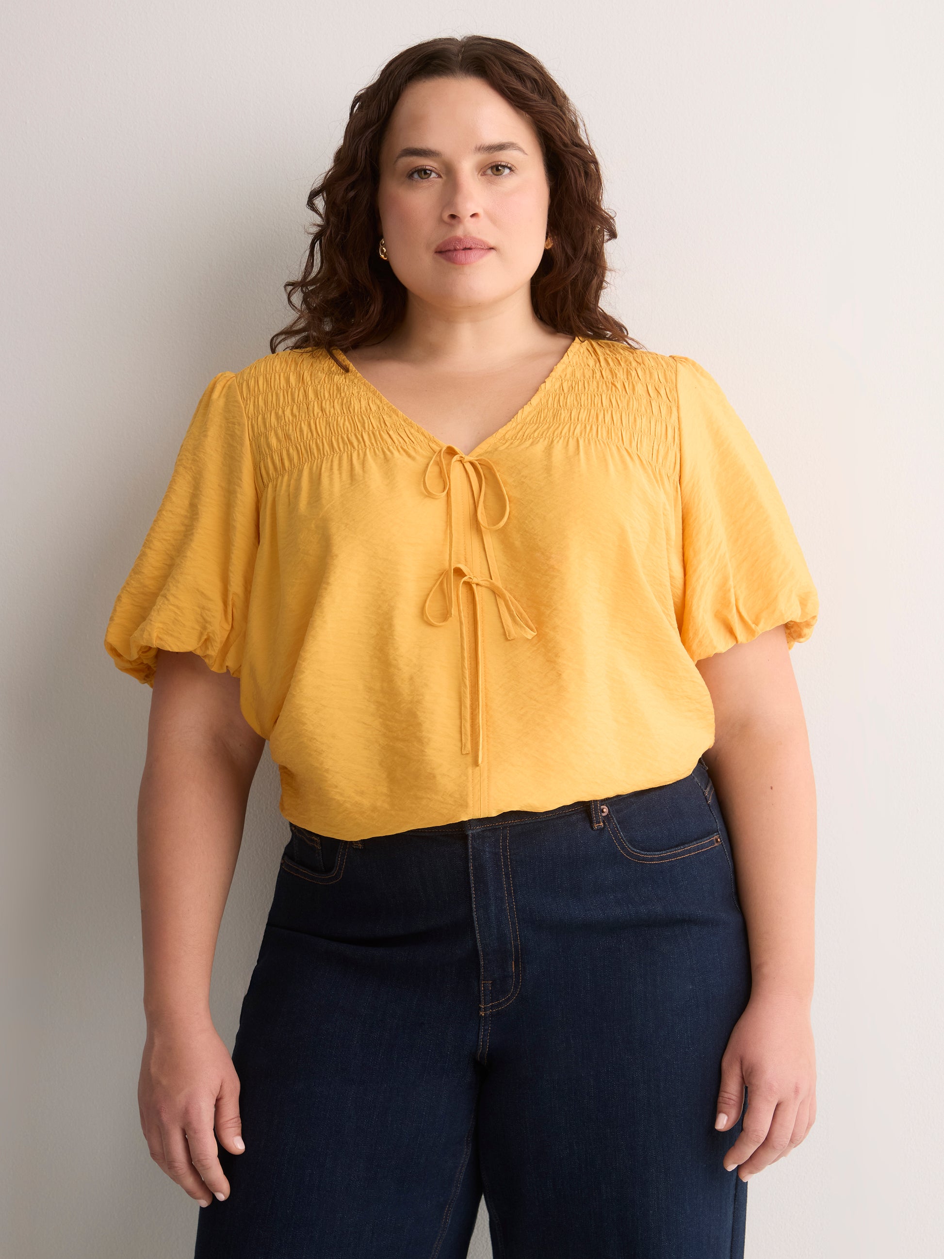V-Neck Bubble-Sleeve Blouse with Smocked Yoke