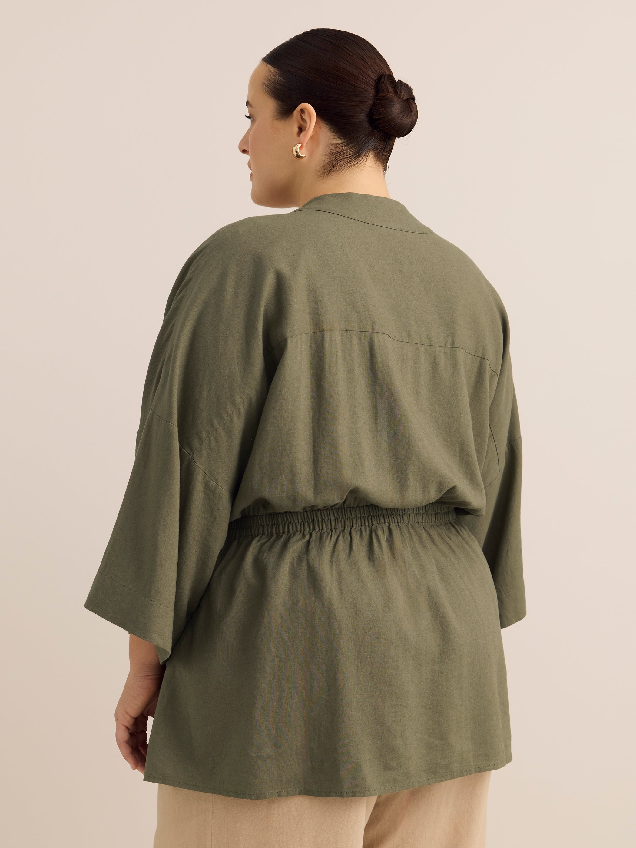 Linen-Blend Loose Kimono Tunic with Waist Drawstring