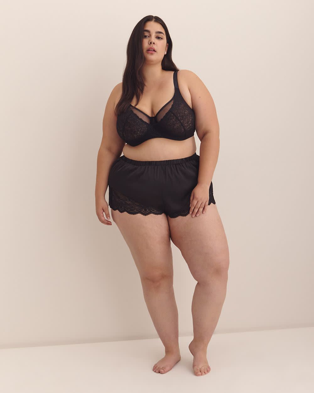 Boxer en satin noir sexy avec dentelle - Déesse Collection