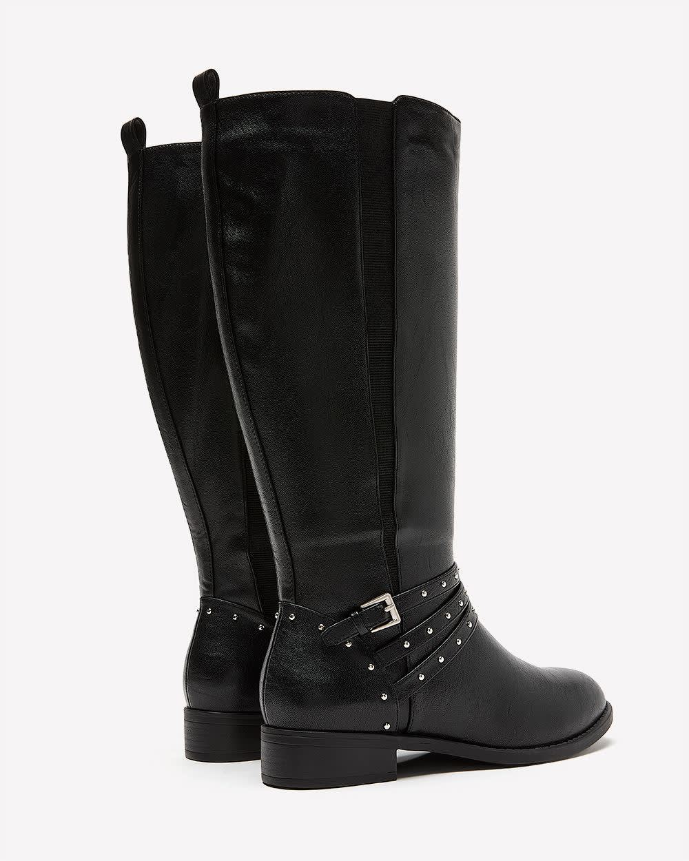 Extra Wide Width and Wide Calf, Tall Black Boot with Thin Studded Straps
