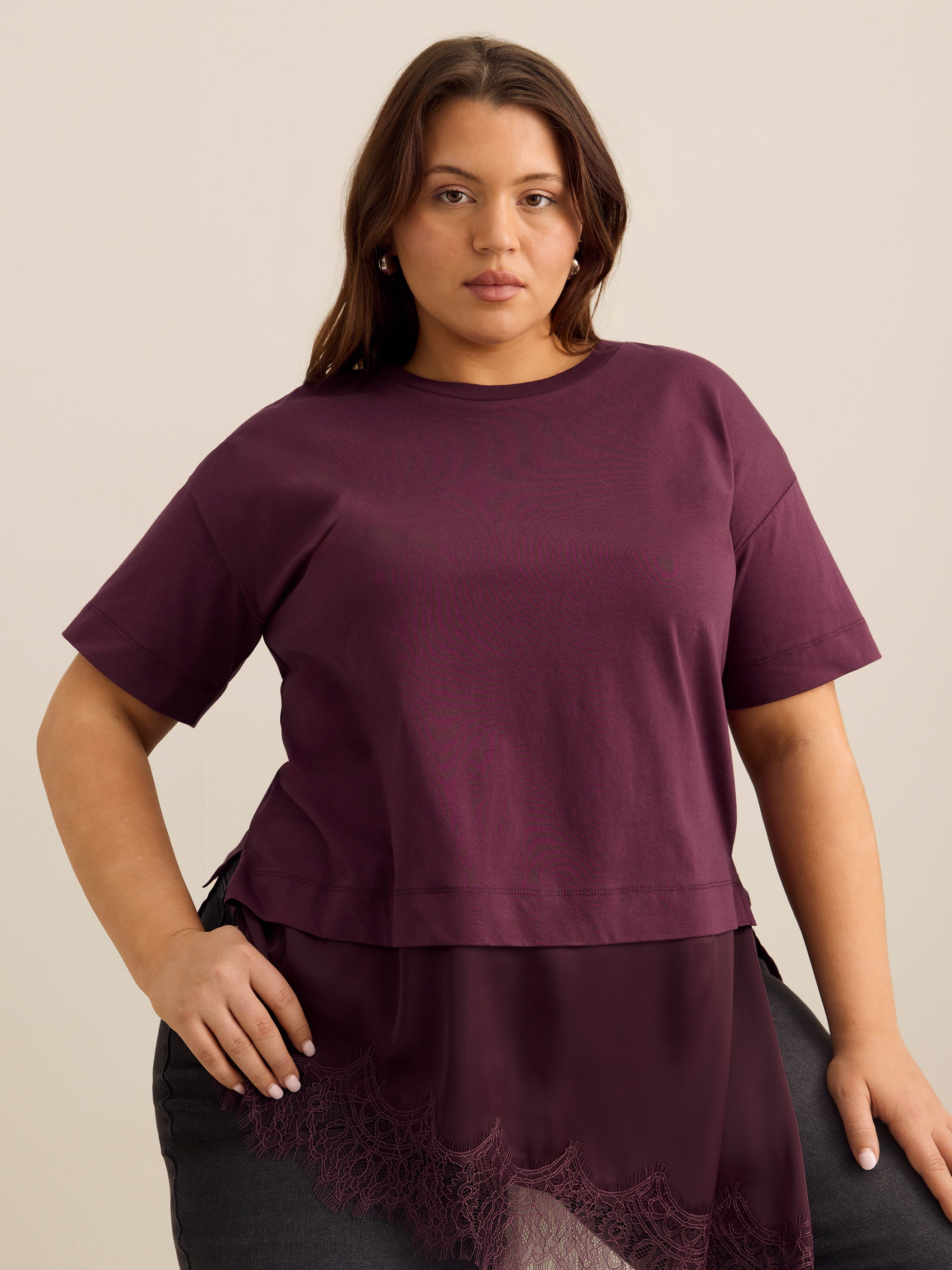 Short-Sleeve Crew Neck Tee with Lace-Trim Satin Fooler - Addition Elle