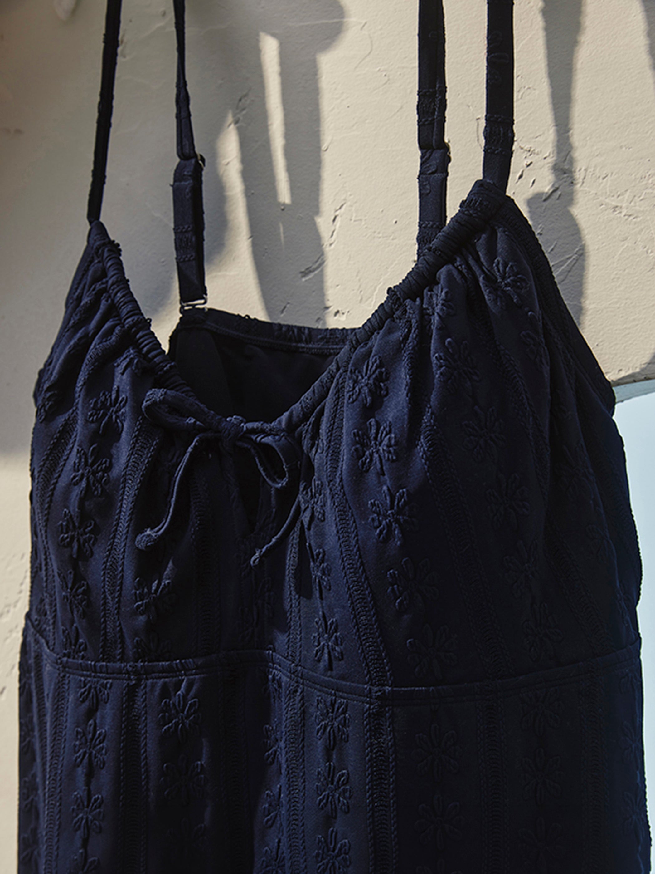 Navy Blue Eyelet-Textured Front-Tie Swim Dress