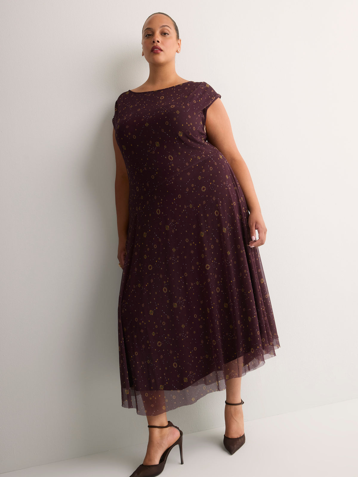 Brown Printed Sleeveless Boat-Neck Asymmetrical Midi Dress