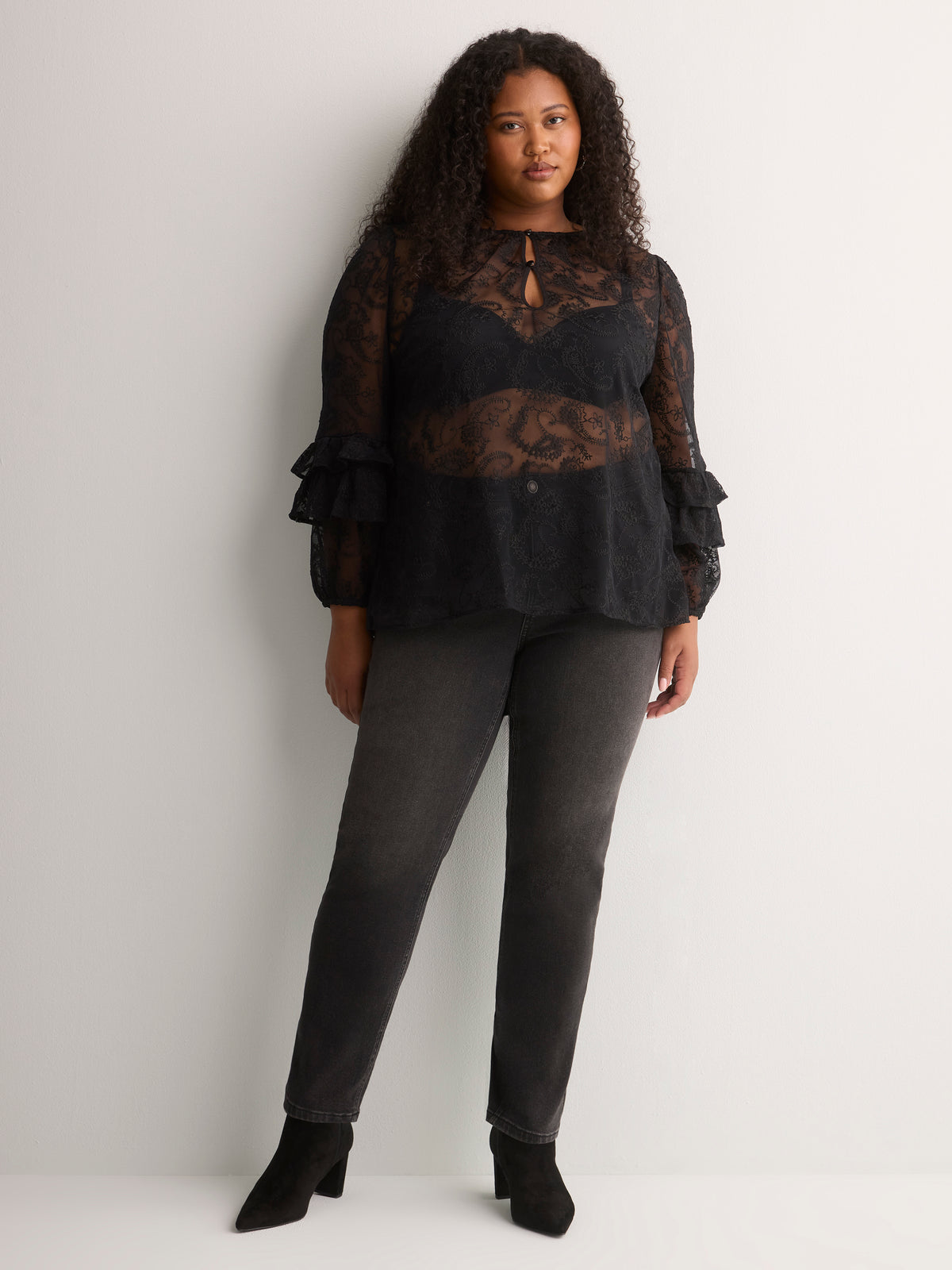 A-Line Mesh Blouse with Front Keyholes