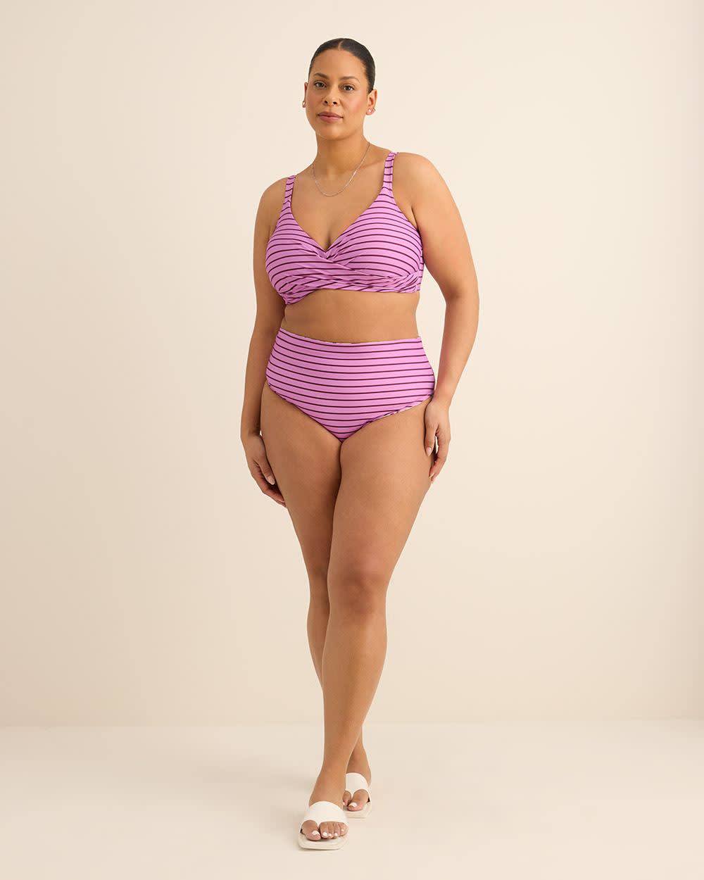Culotte de maillot taille haute réversible à motif de rayures et feuillage