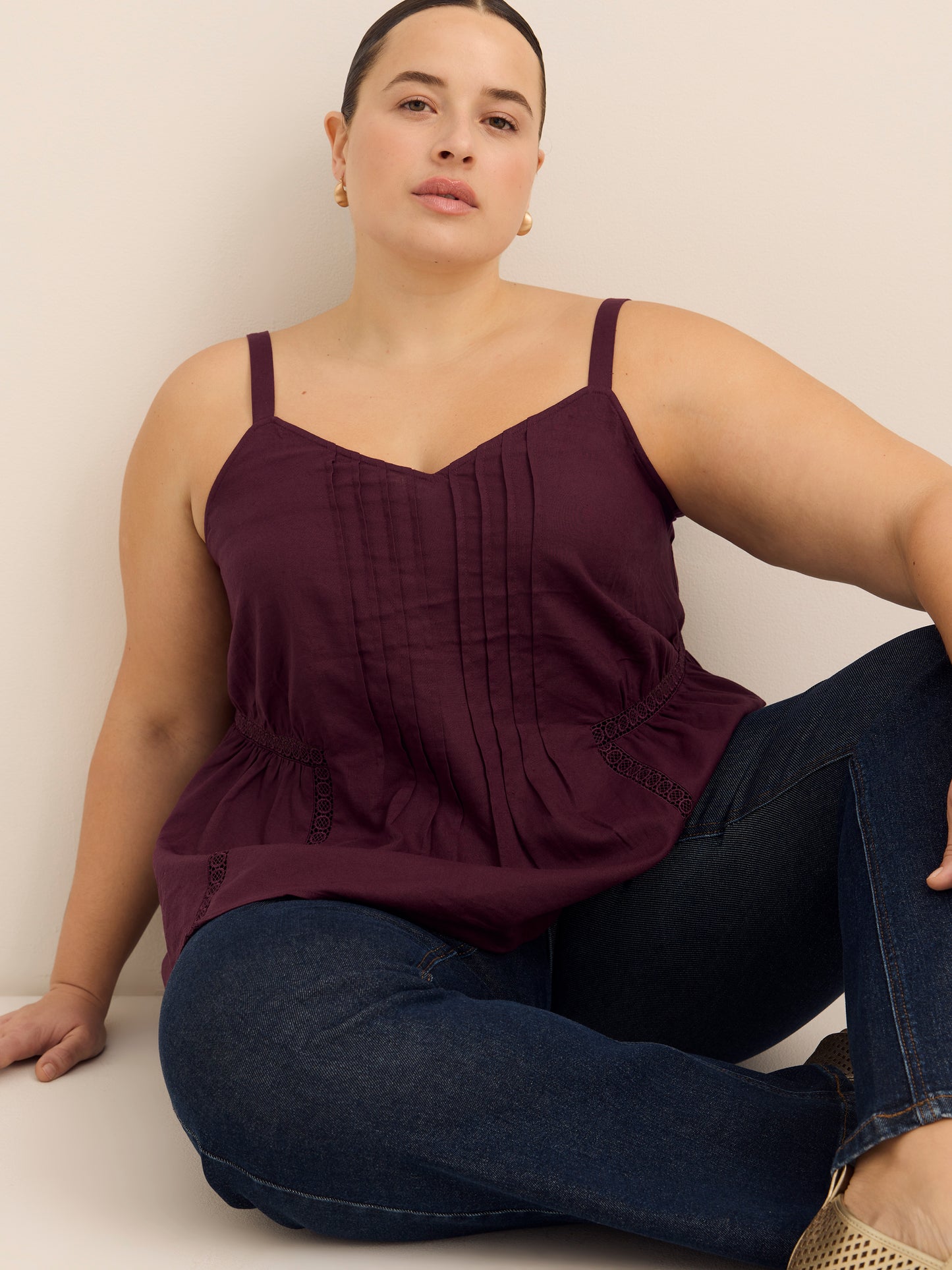 Linen Blend Swing Cami Blouse with Pintuck Detail