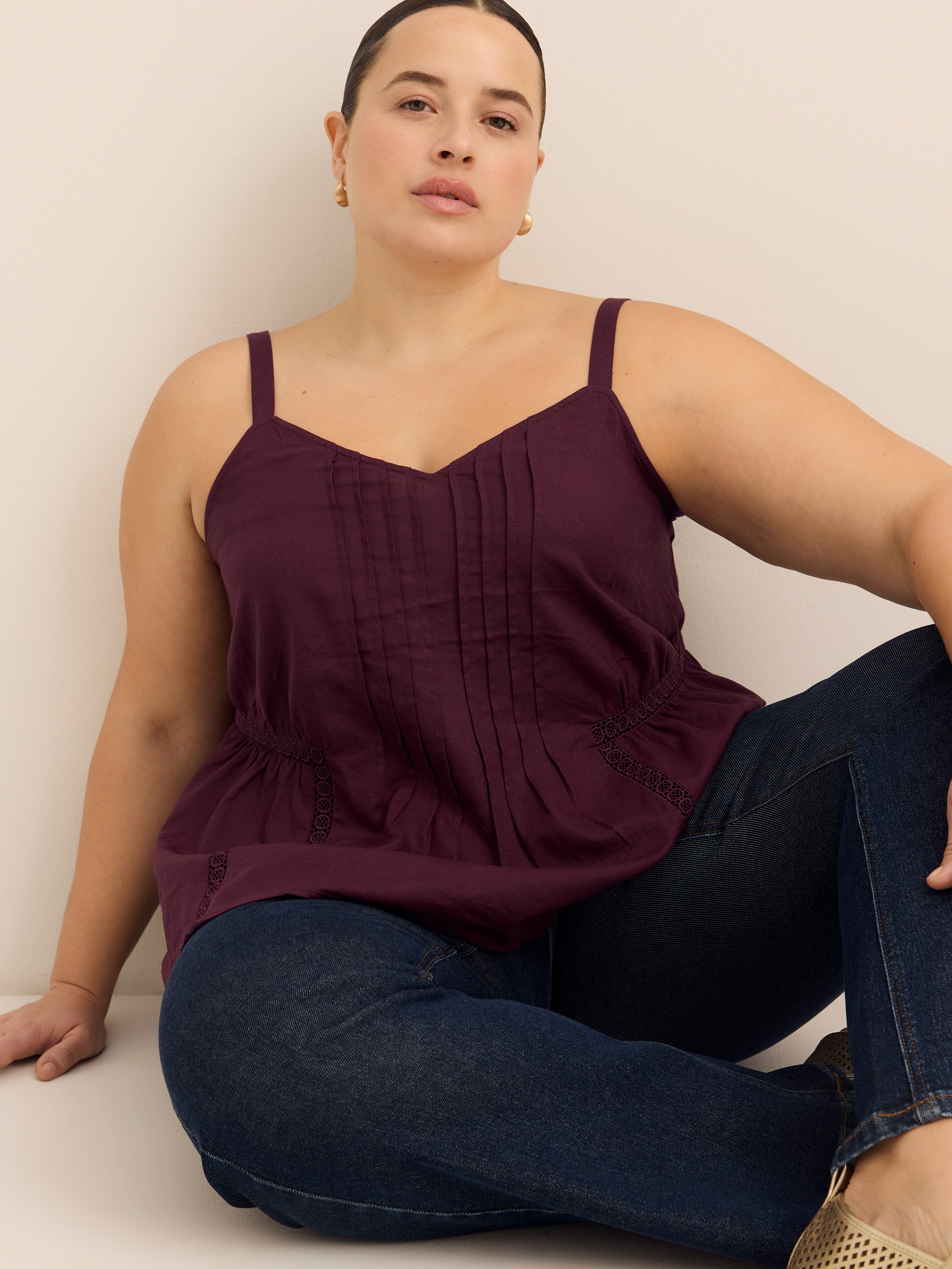 Linen Blend Swing Cami Blouse with Pintuck Detail