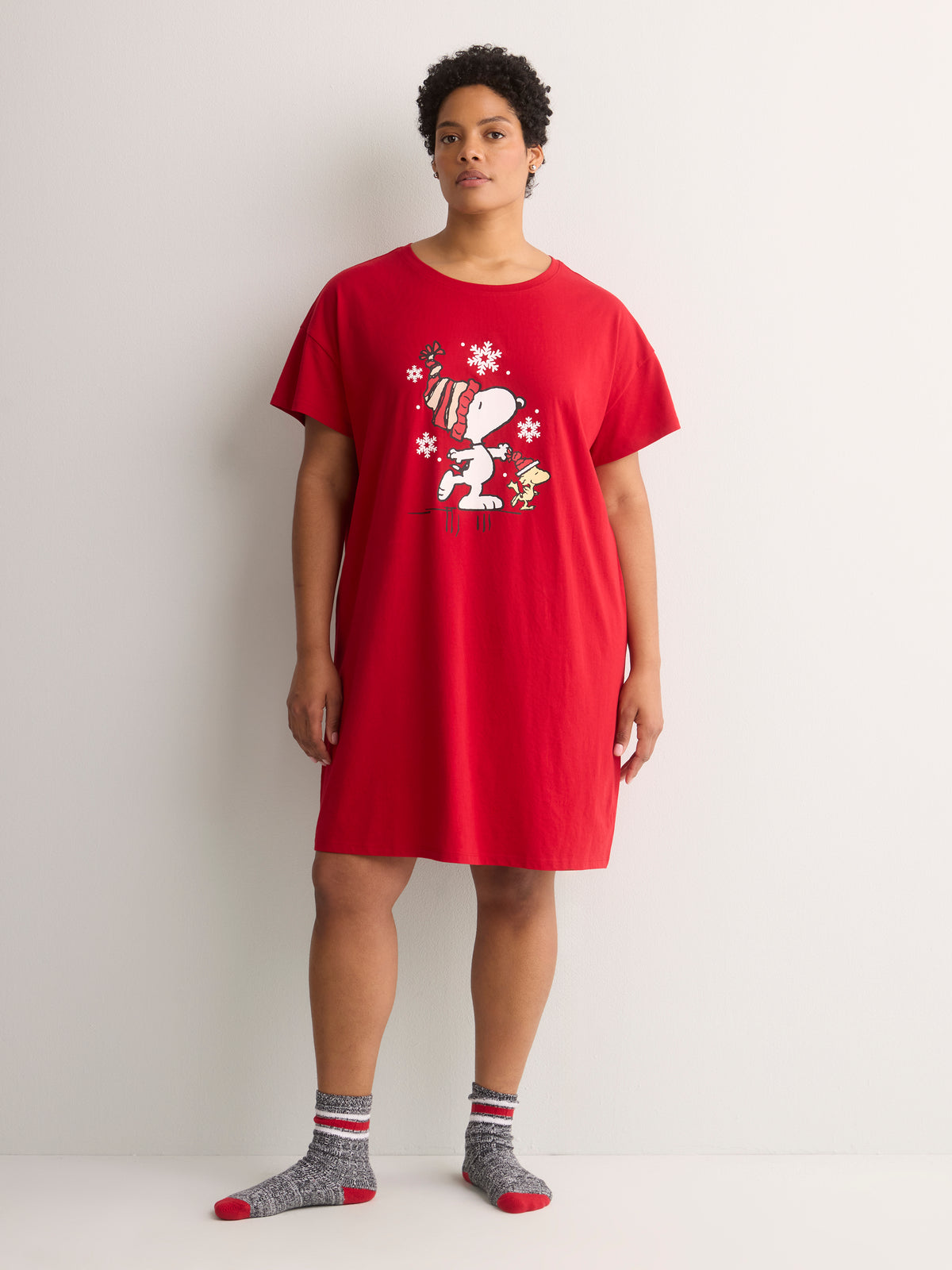 Red Snoopy Cotton Knit Sleepshirt - tiVOGLIO